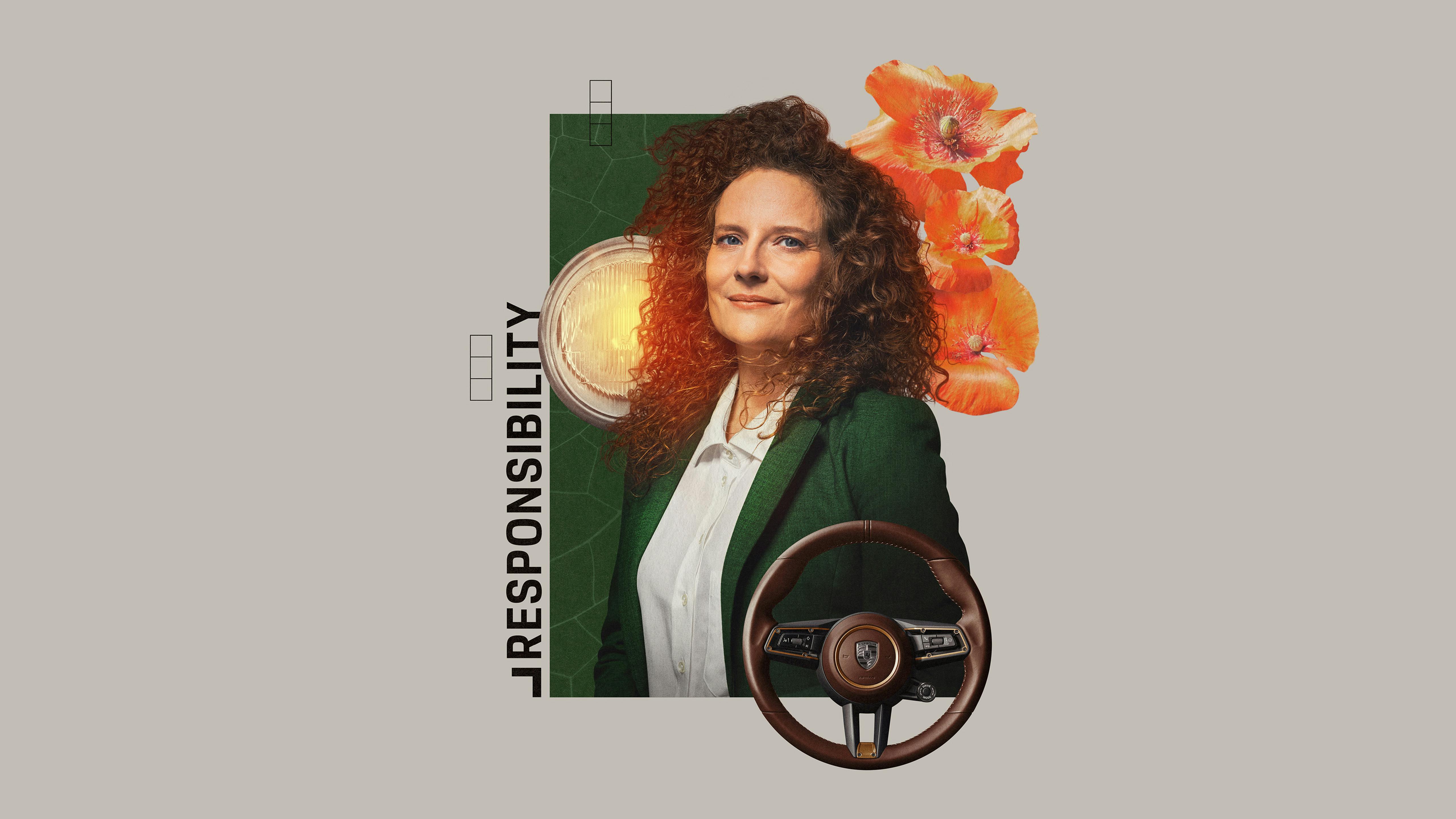 Eine Collage, die Porsche Dreamer Isabel mit den zwei Fahrzeugelementen Scheinwerfer und dem Lenkrad sowie mehreren Pflanzen zeigt.