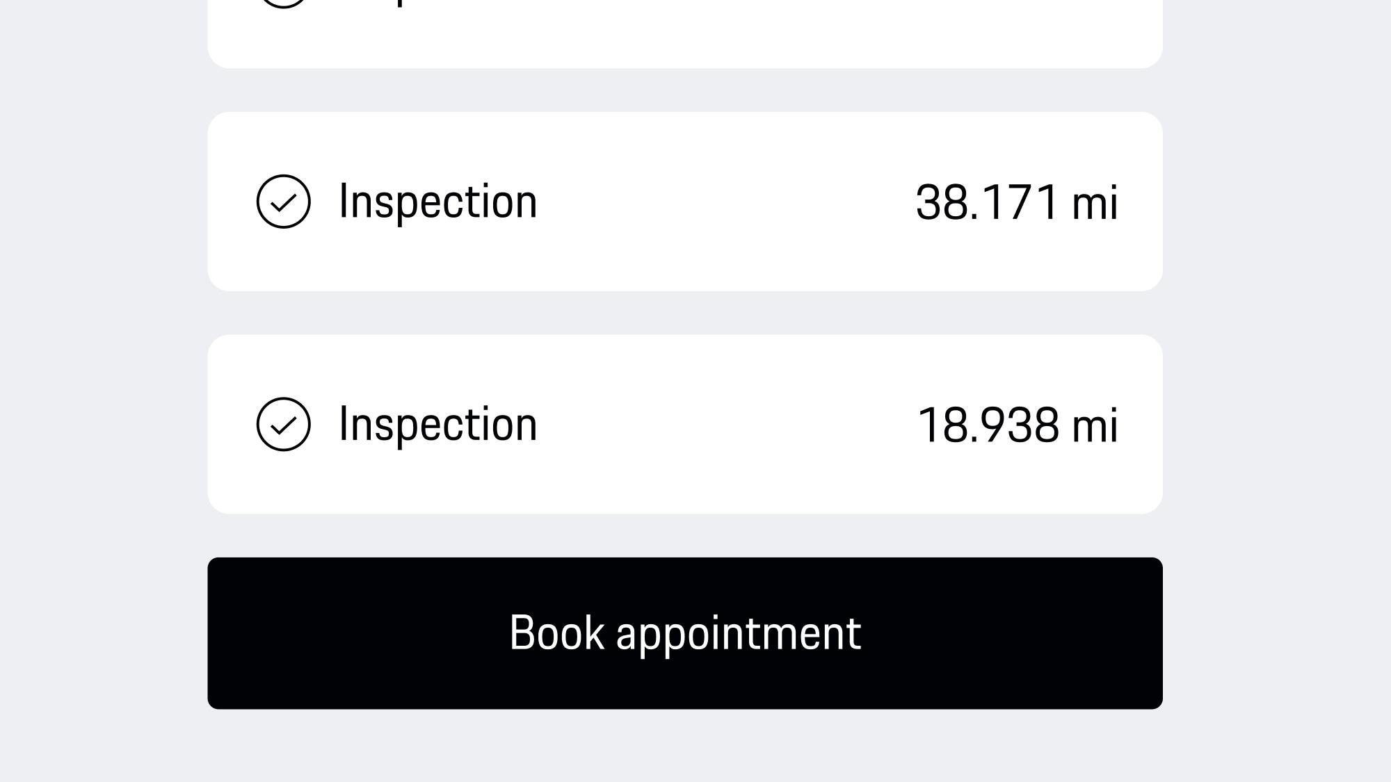App view showing inspection list with mileage details and black ‘Book appointment’ button for scheduling service.
