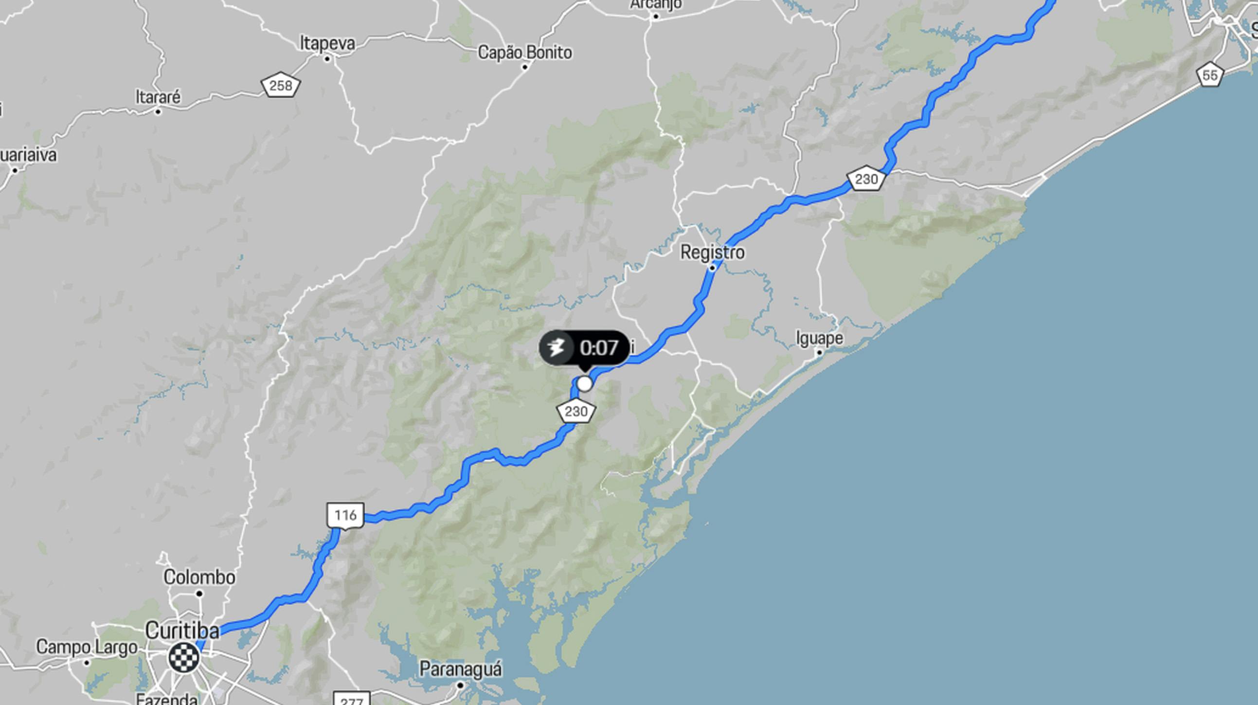 Visualização da rota do Porsche Charge Map.
