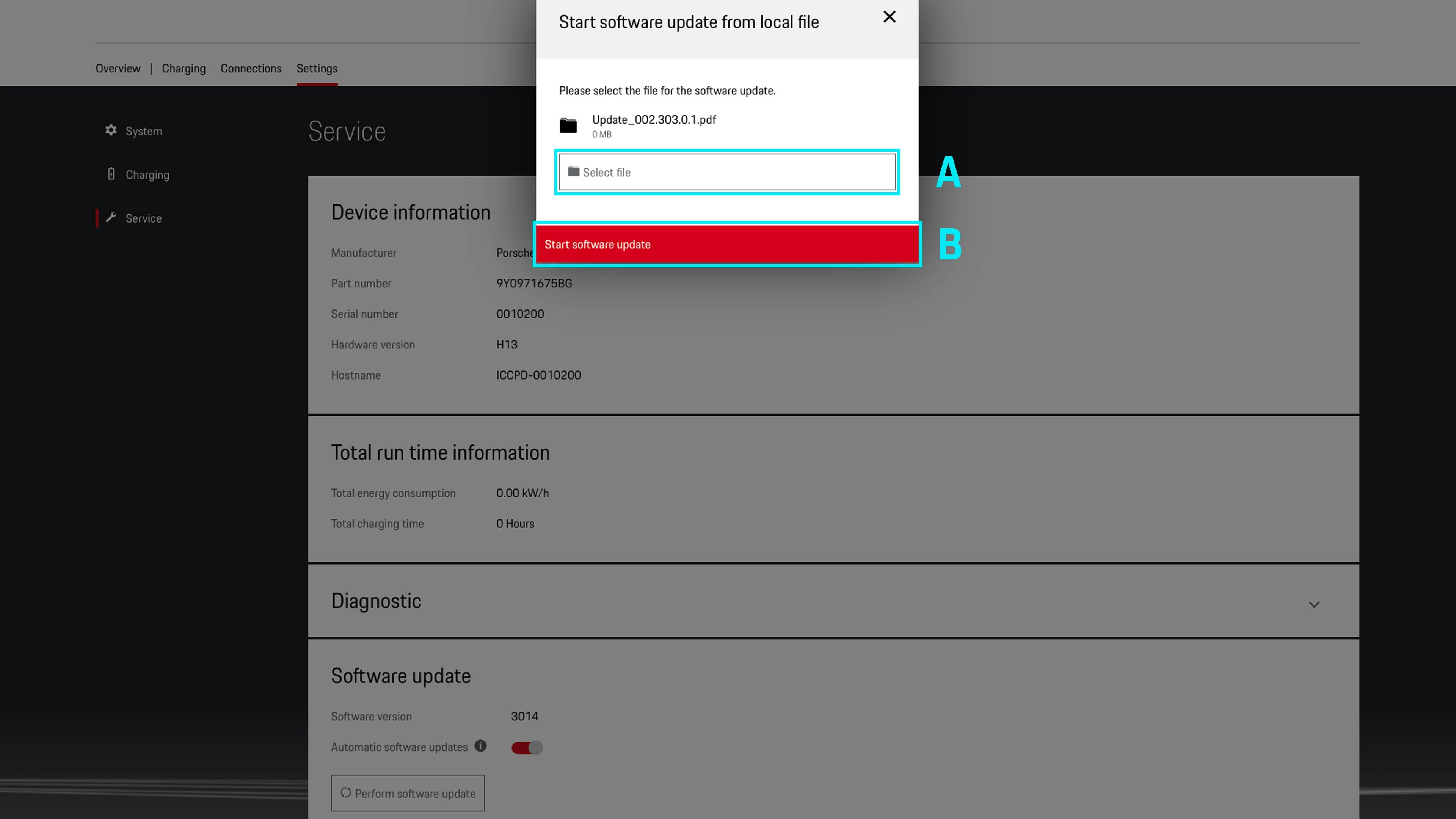 File selection from the local files for the software update. The Start software update button is highlighted.