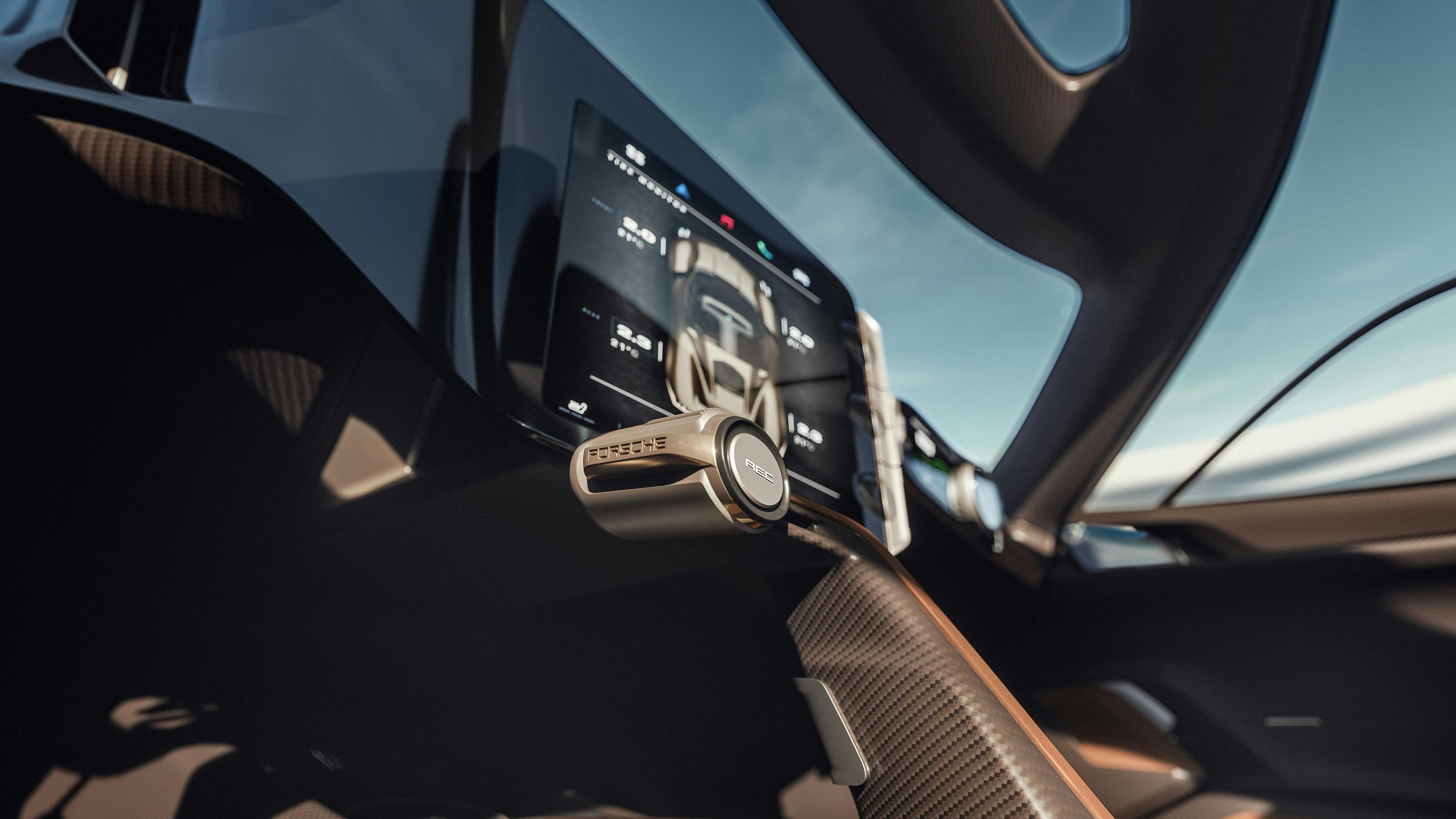 Porsche Mission X interior: detailed view of the multi-purpose controller with record button.