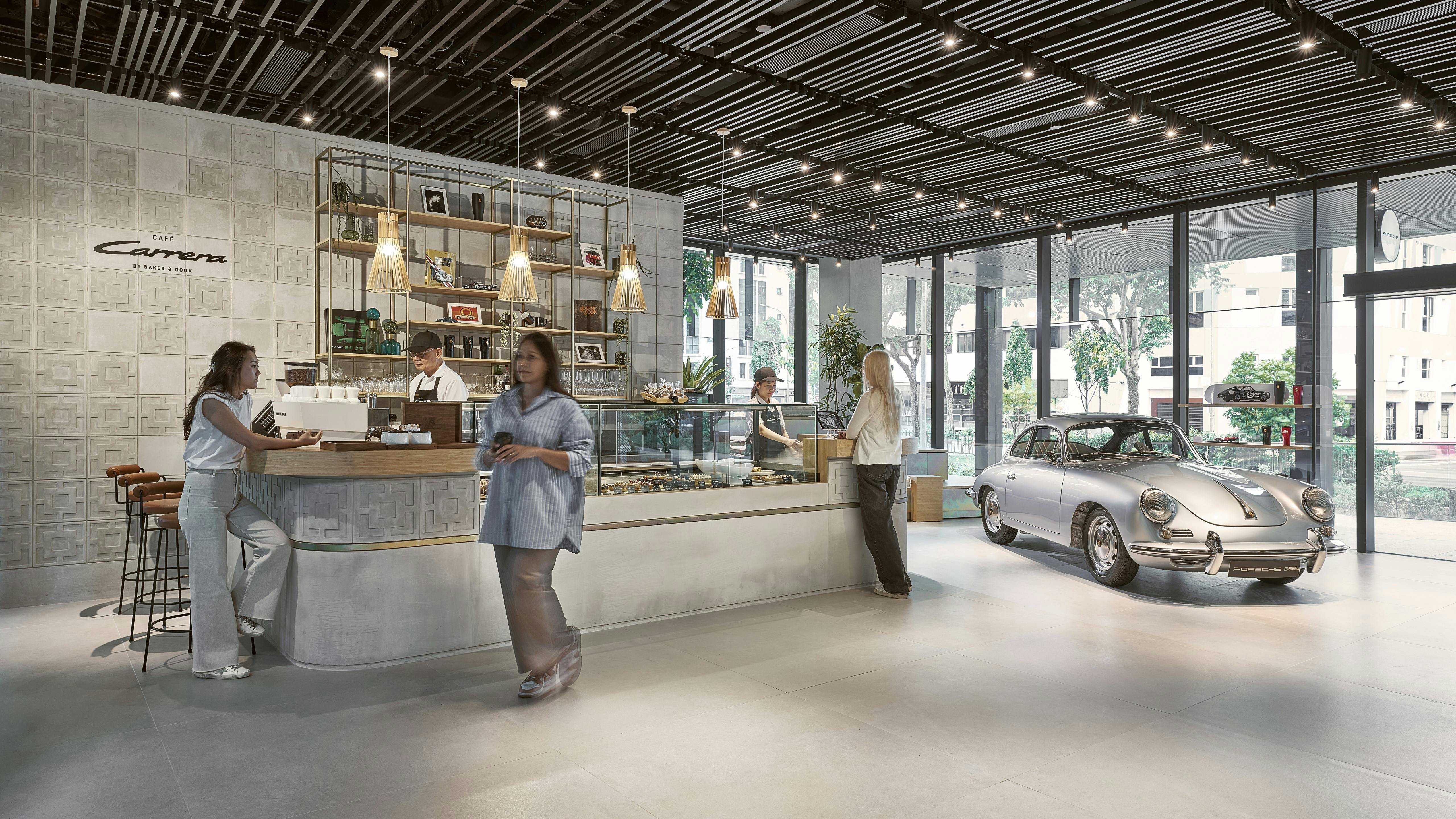 Café Carrera by Baker & Cook, a contemporary space for Porsche enthusiasts to share their passion with like-minded dreamers.