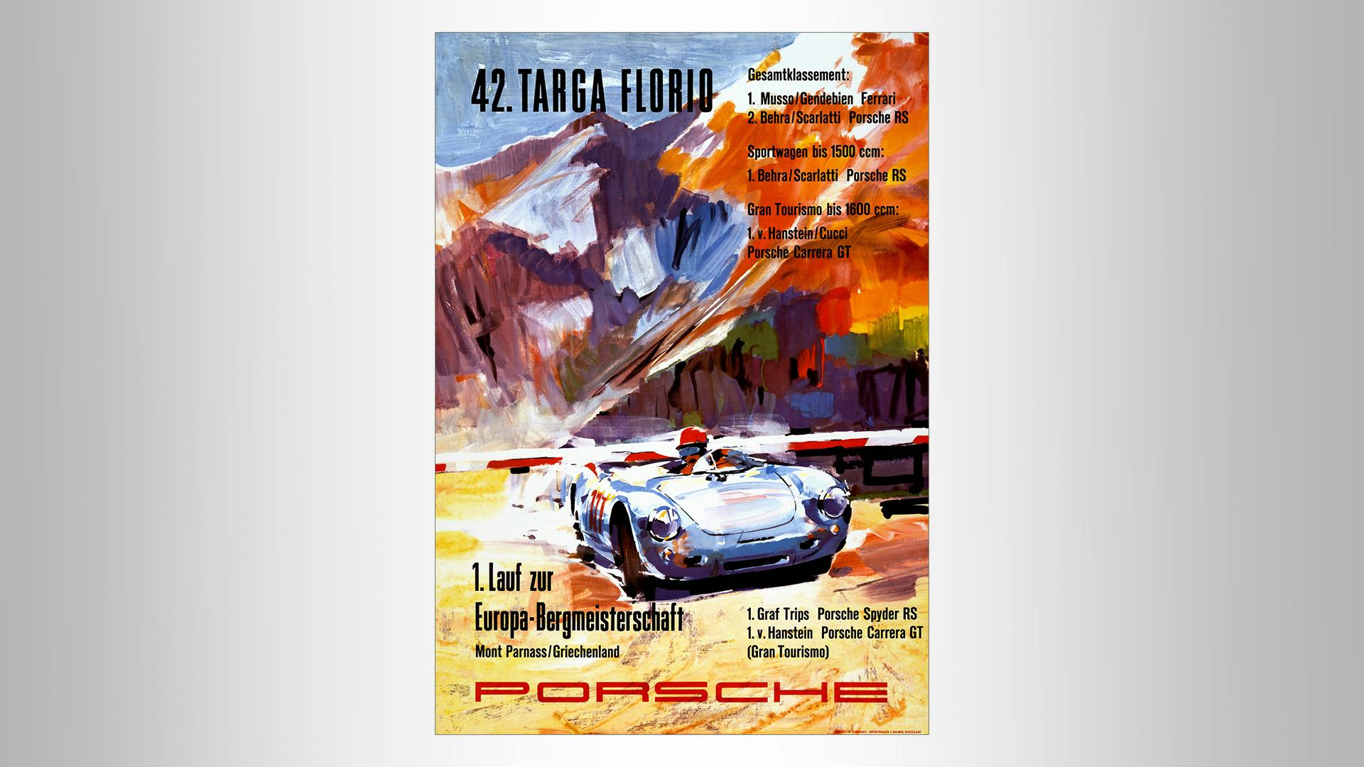 Porsche race poster in painted style with Porsche race cars and mountains in the background: 42nd Targa Florio - 1st round of the European Mountain Championship.