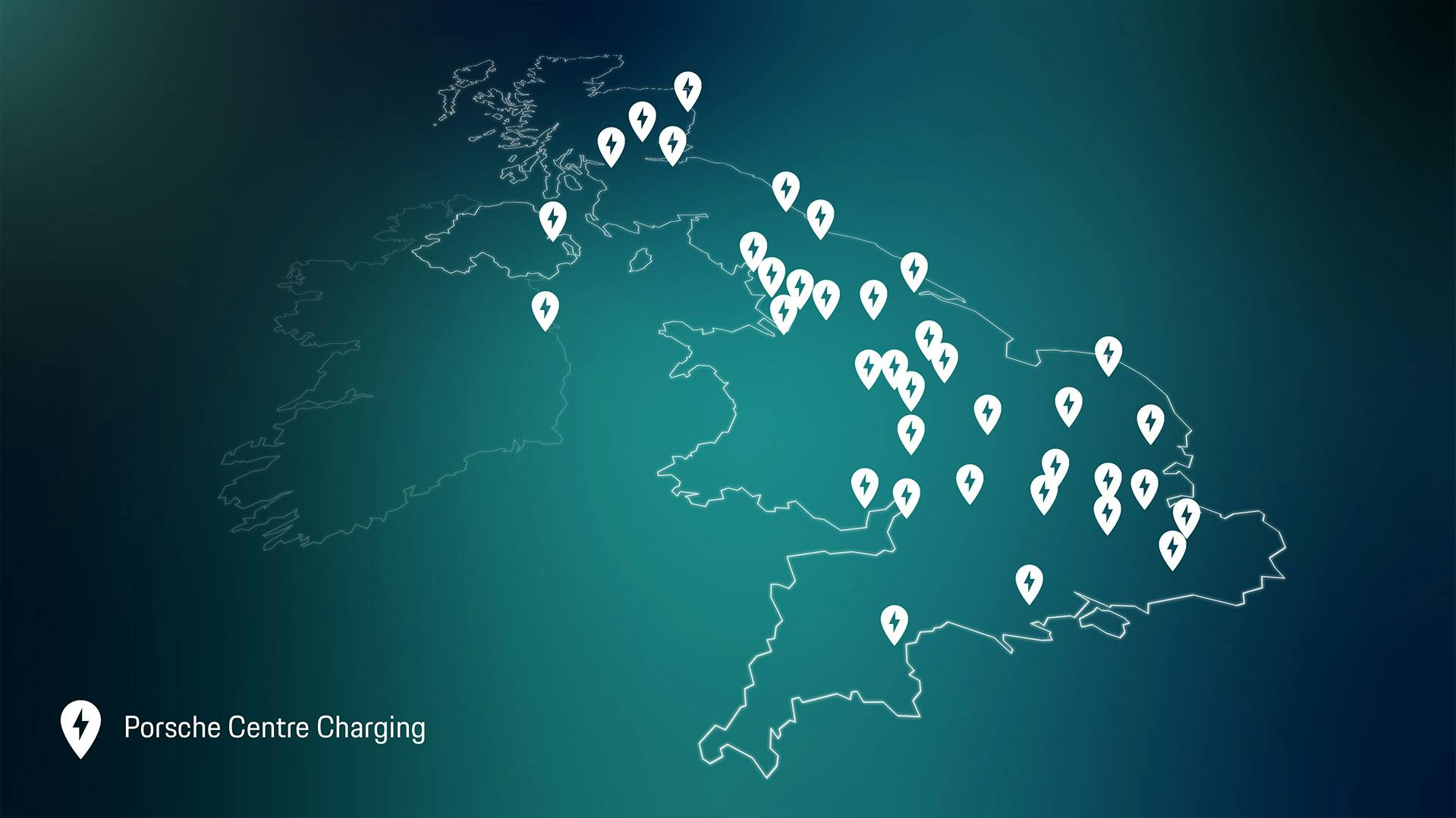 Map of the United Kingdom and Ireland showing Porsche Centre charging locations, marked with white lightning bolt pins across Scotland, England, and Wales.