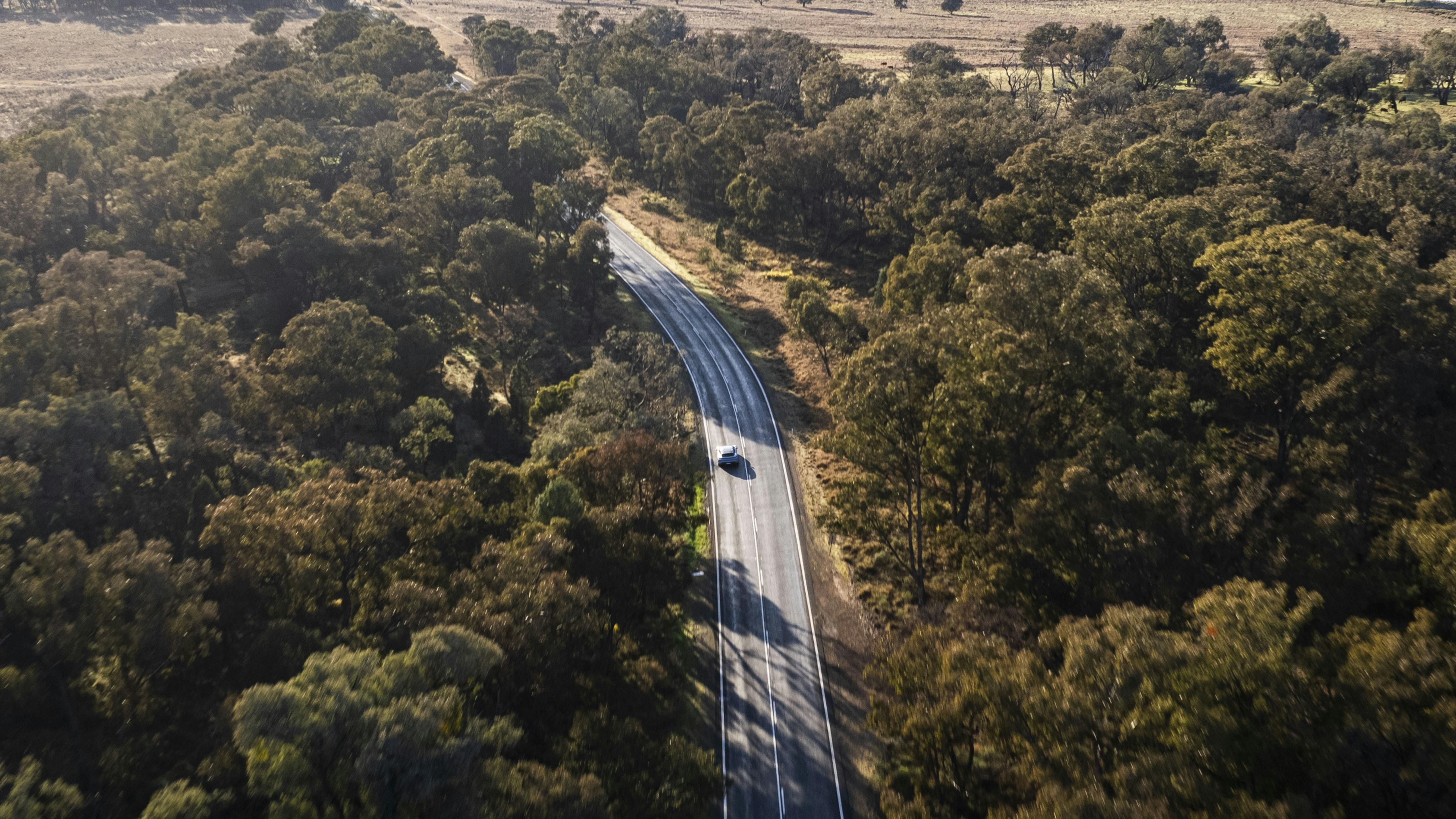 Aerial view of a Porsche Taycan driving on a scenic road