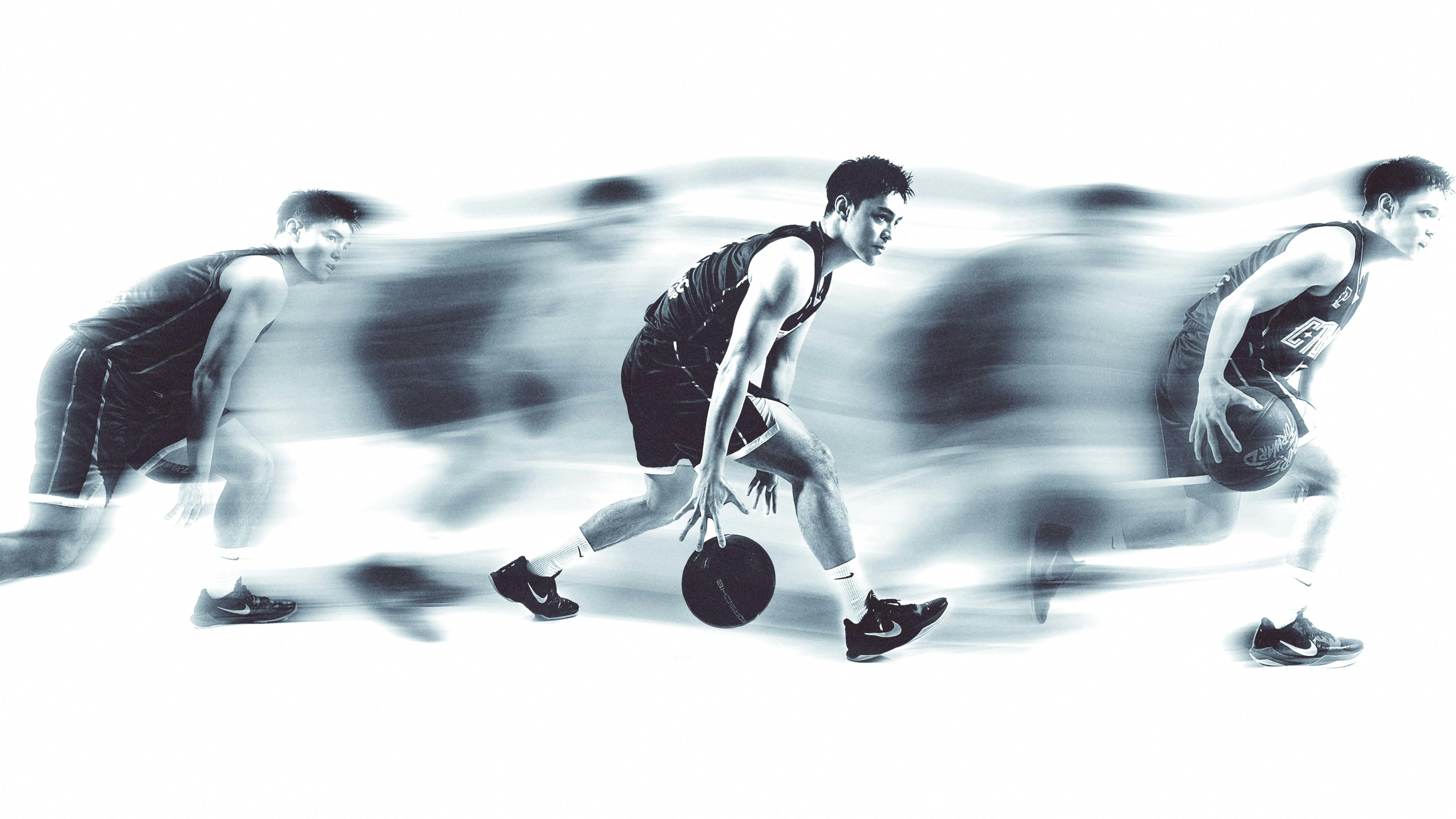 A man dribbling a basketball in an illustration style.