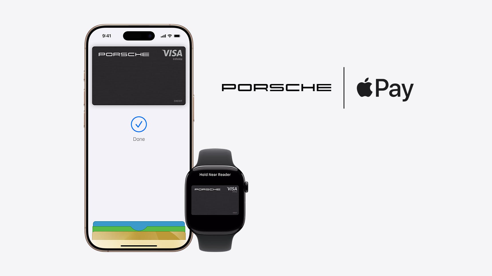iPhone und Apple Watch mit digitaler Porsche Card in der Wallet-App, iPhone zeigt 'Done' mit Häkchen, Apple Watch zeigt 'Hold Near Reader', beide Karten im Porsche Design mit Visa-Logo.