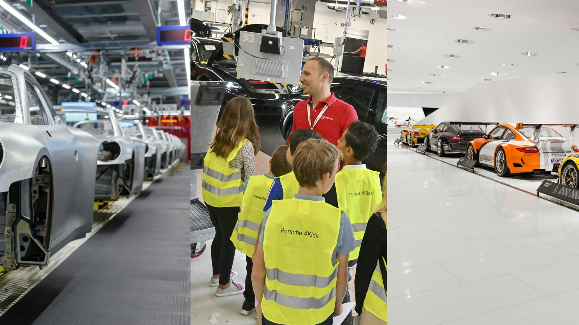 Dieses Bild-Arrangement zeigt die 911-Produktionslinie, Kinder vor einem Museumsführer und Porsche-Rennwagen, die im Porsche-Museum ausgestellt