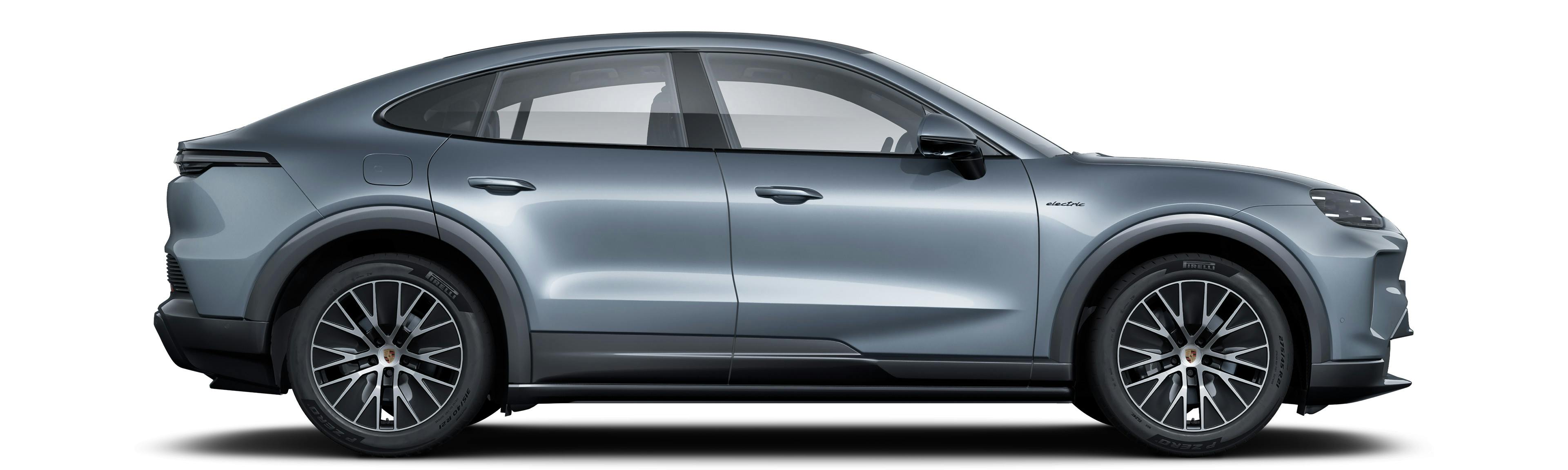 The side profile of a Porsche Cayenne Coupé Electric against a white background.