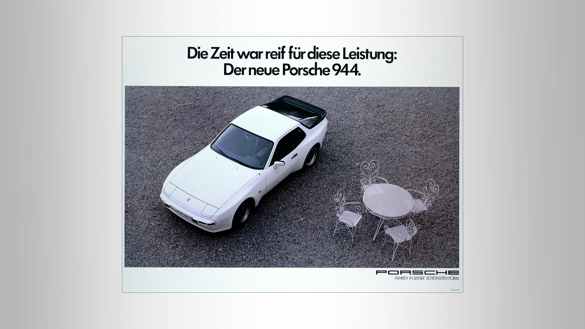 Porsche Advertising poster with a white Porsche 944 from above, with the slogan: Die Zeit war reif für diese Leistung: Der neue Porsche 944.
