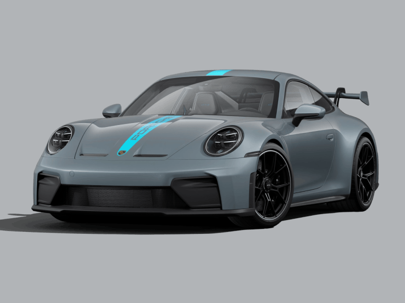 Front view of the Porsche 911 GT3 in Vanadium Grey Metallic.