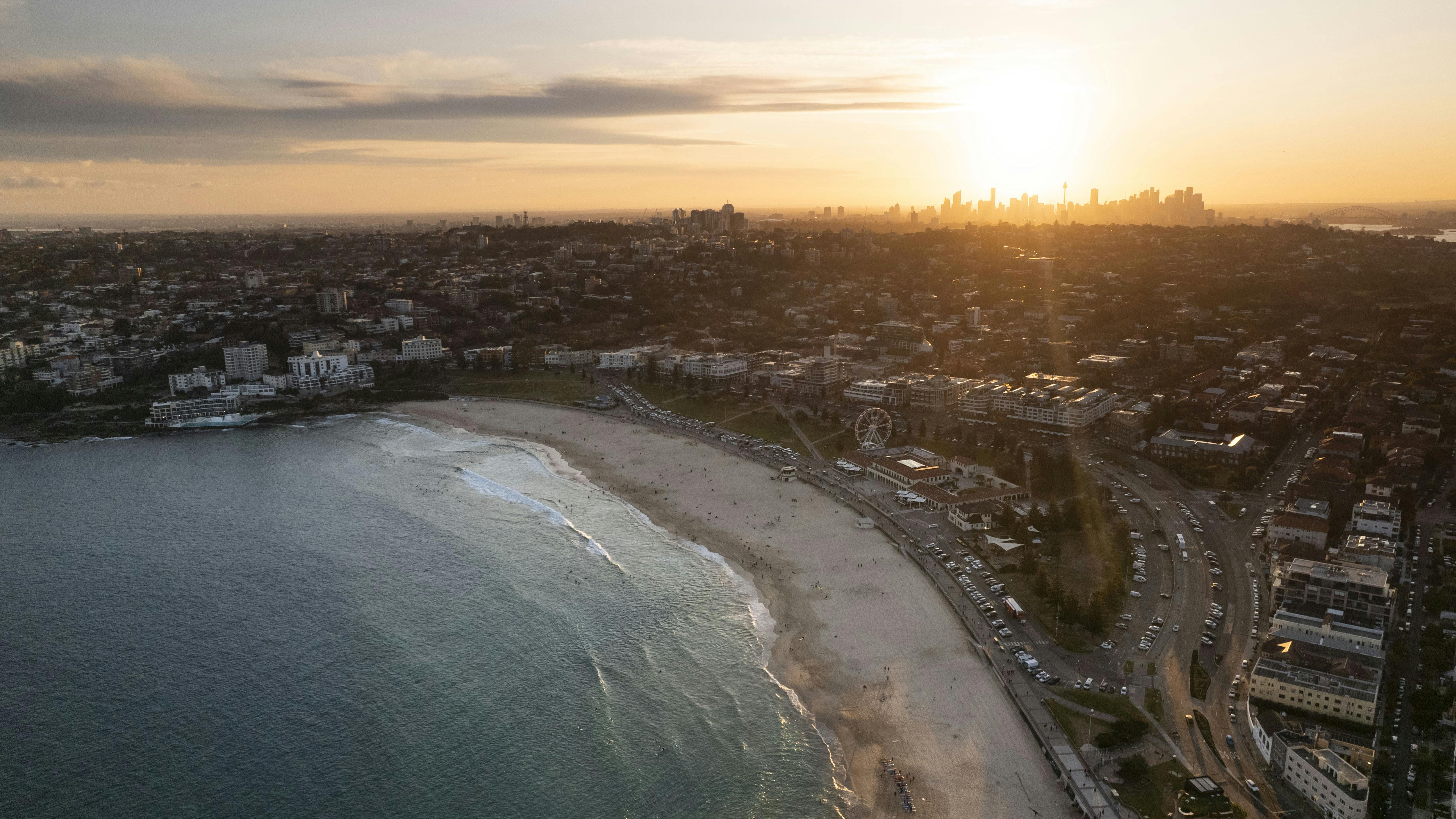 Aerial panorama of city at sea