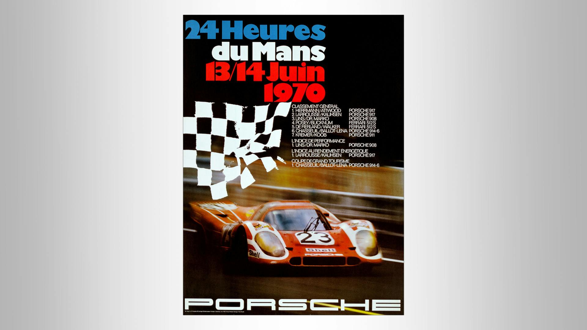 Race poster of the 24 heures Du Mans race 1970: Red racecar on a black background with blue/white/red writing.