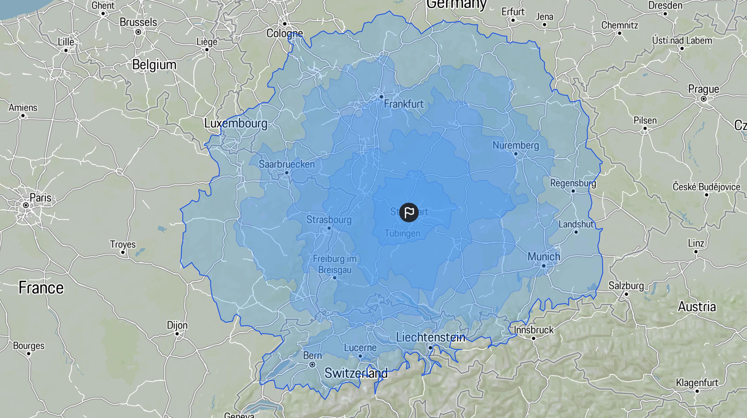 Vista do Porsche Charge Map com vista geral da autonomia.