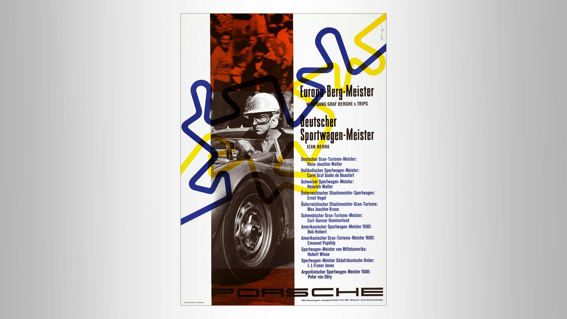 Porsche race poster of the masters: black/white Photo of the Europa-Berg-Meister with grafic elements and the titles of all champions.