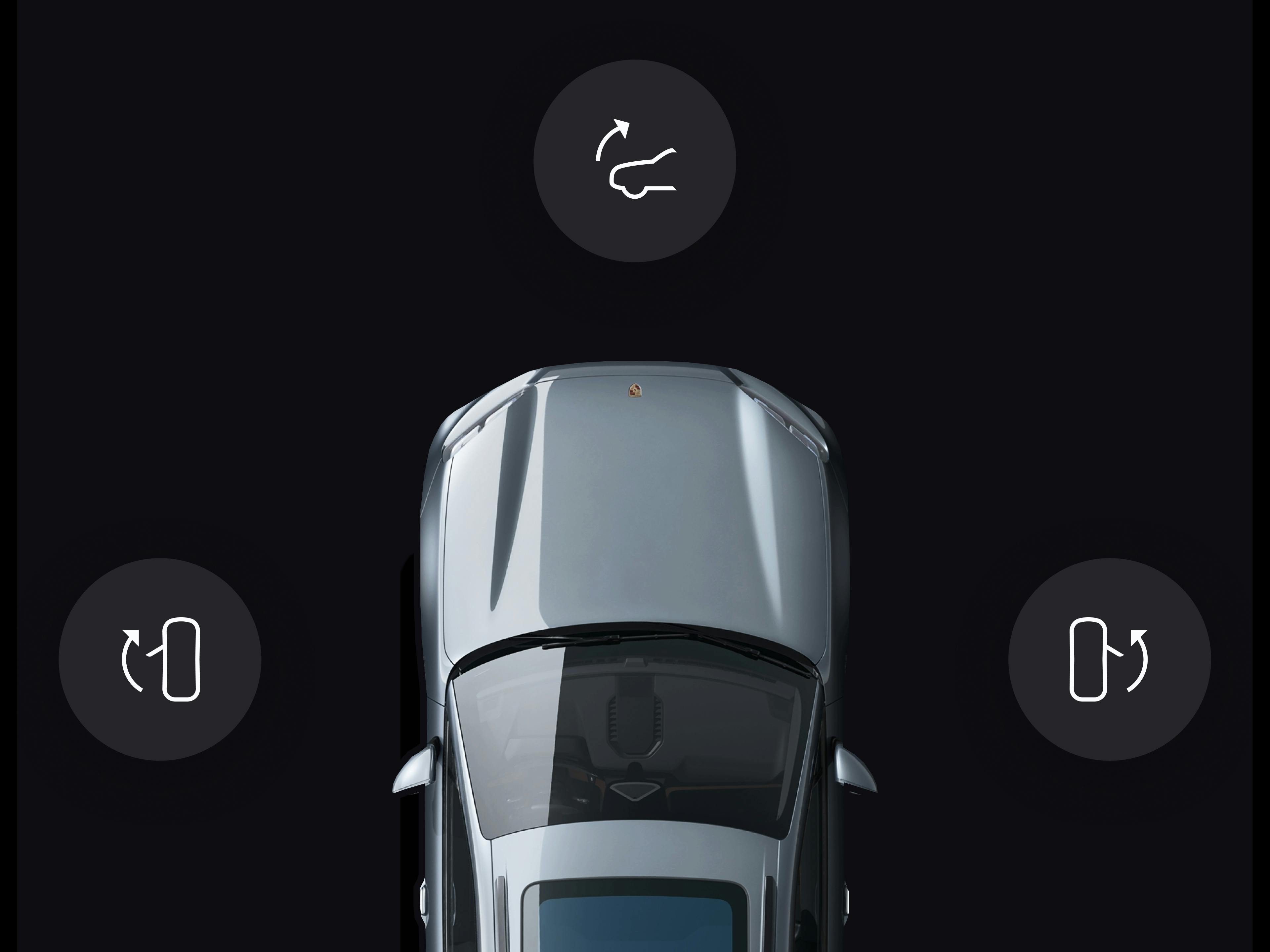 Vista de la aplicación que muestra la vista superior gris del Porsche sobre fondo negro, con tres iconos alrededor del coche para las funciones de control del maletero y las puertas.