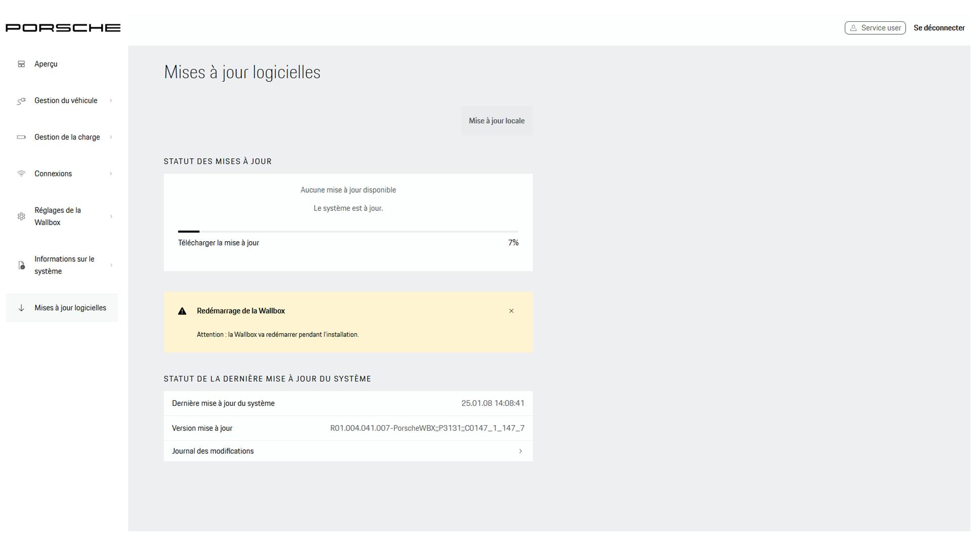 Indicateur de progression dans le menu de mise à jour du logiciel après le démarrage d’une mise à jour locale.