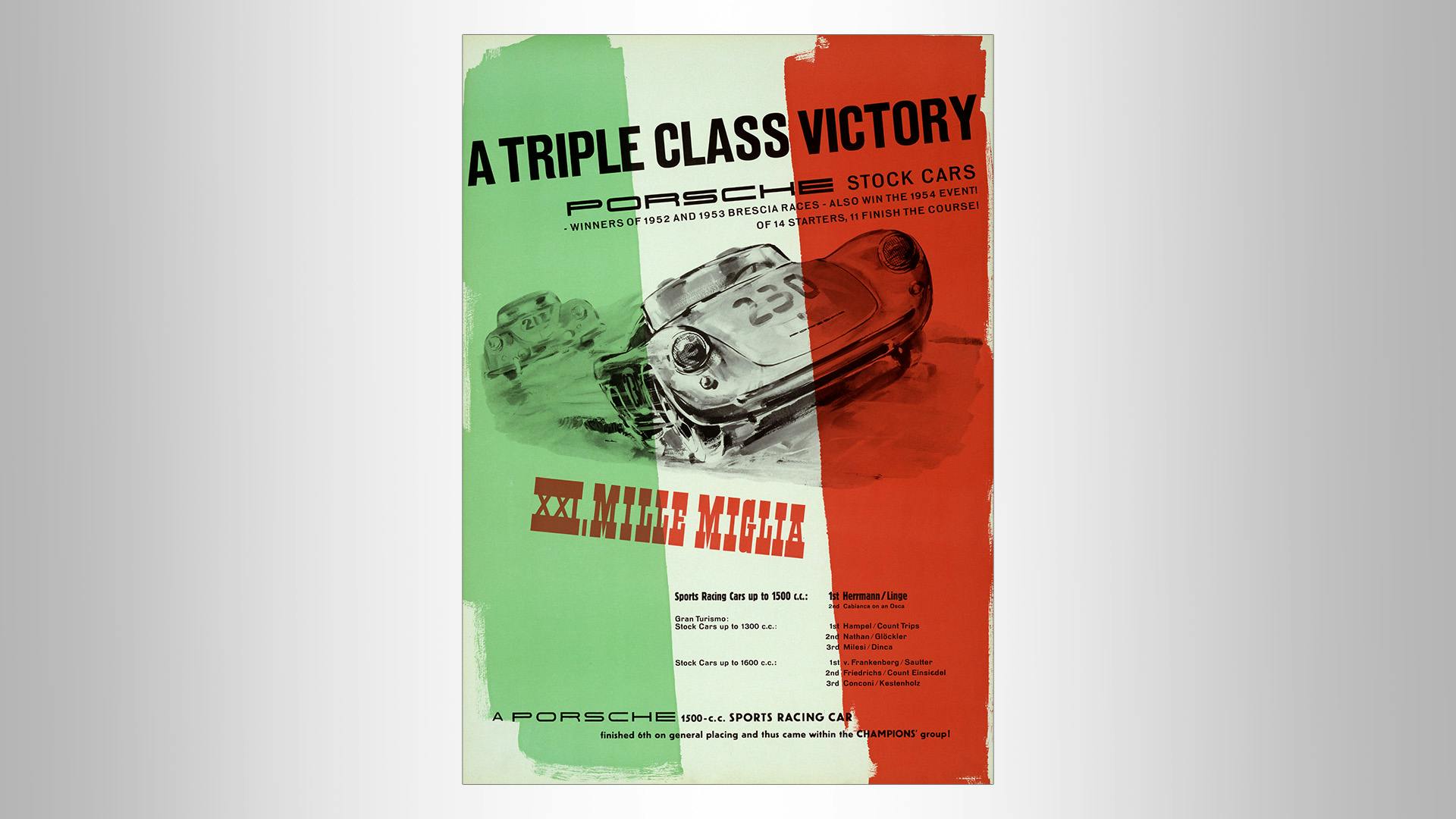 Victory poster, Porsche stock cars: Black/white photo on italien flag with vintage letters.