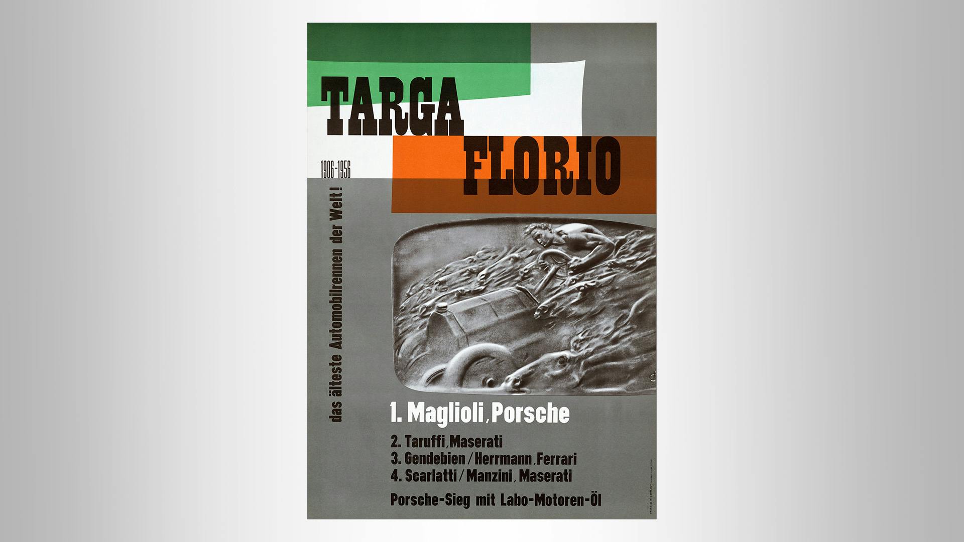 Porsche victory poster Targa Florio: a black/white picture on a green/orange background with black writing.