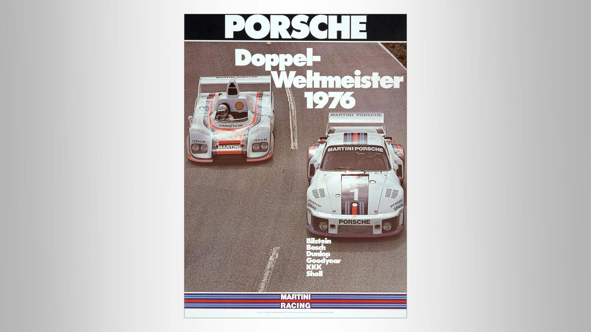 Porsche Victory poster with two historic silver racecars and the writing Wold Championchip 1976.