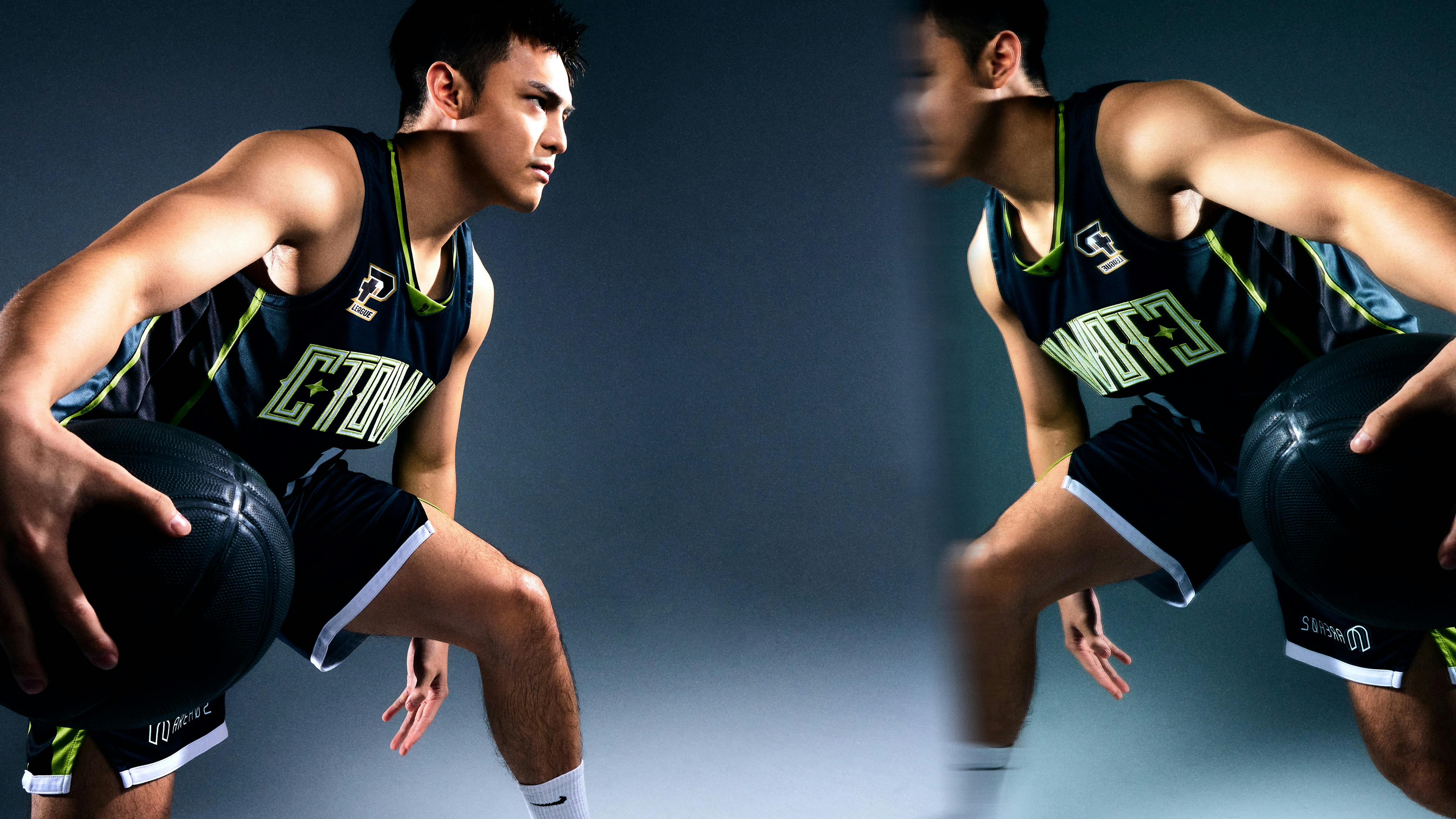 Lin Chun-Chin dribbling a basketball in front of a mirror.