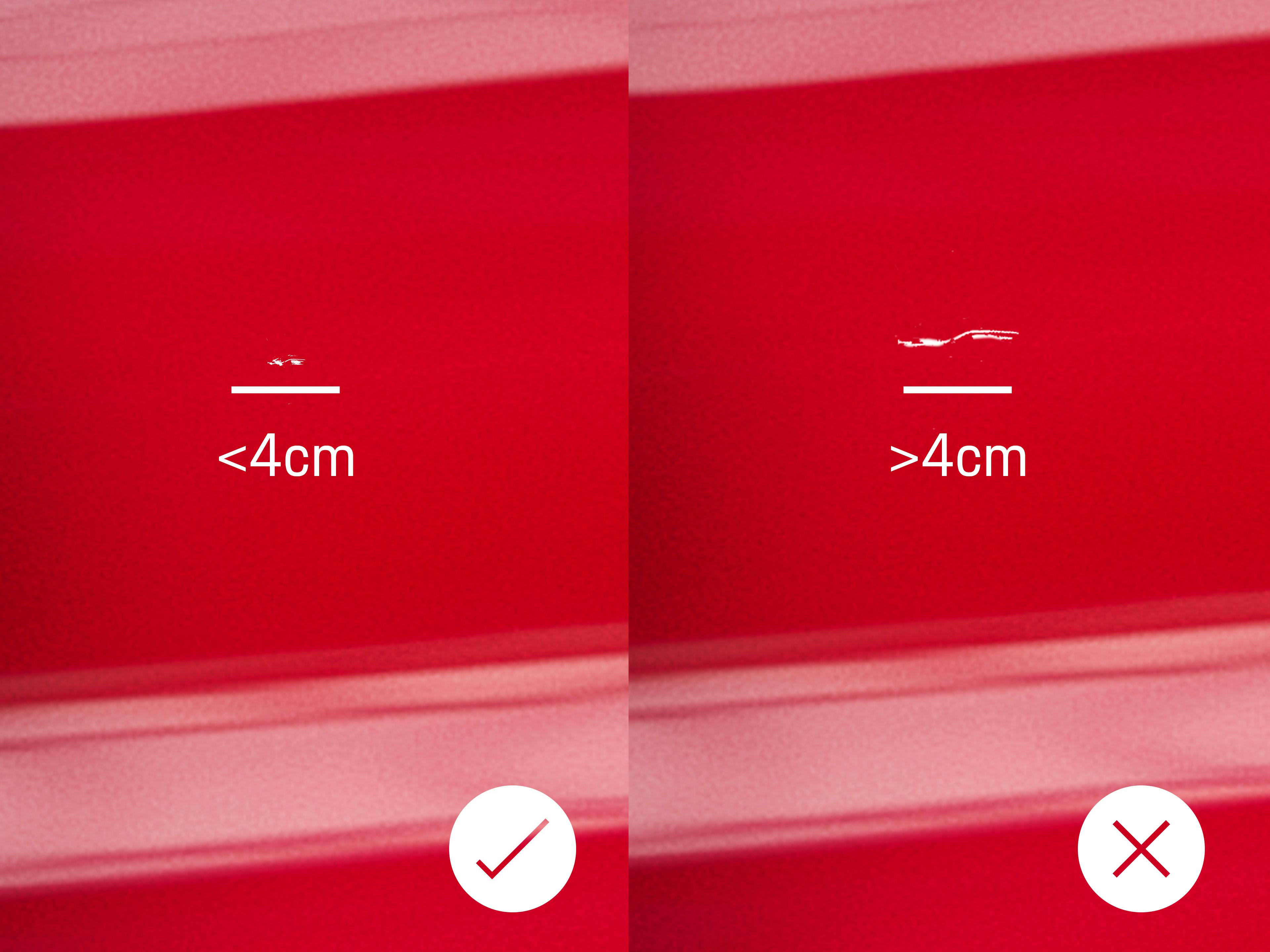 Image comparative d'une rayure de peinture acceptable et d'une rayure de peinture non acceptable.