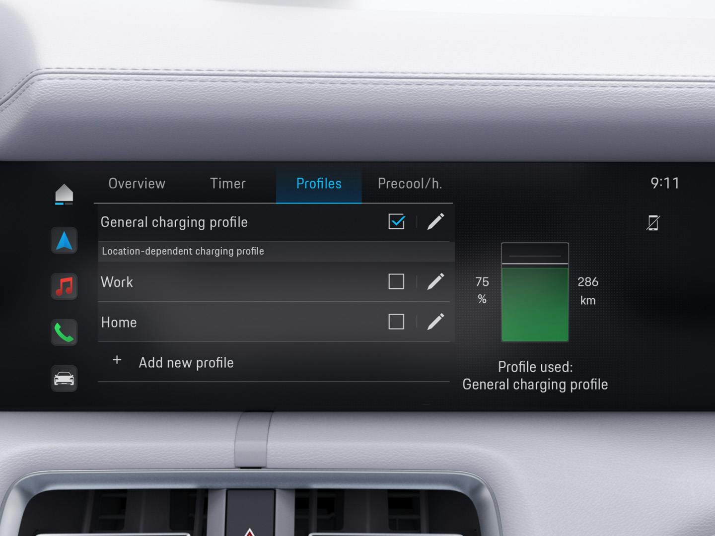 A digital display in the Porsche Taycan that displays charging profiles, battery status of 75% and a range of 286 km.