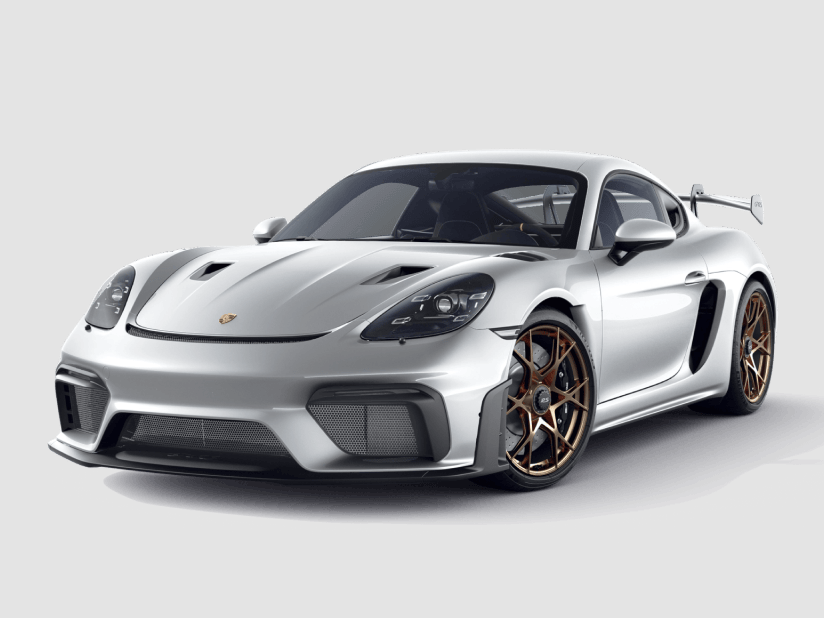 Front view of the Porsche 718 Cayman GT4 RS in GT Silver Metallic.