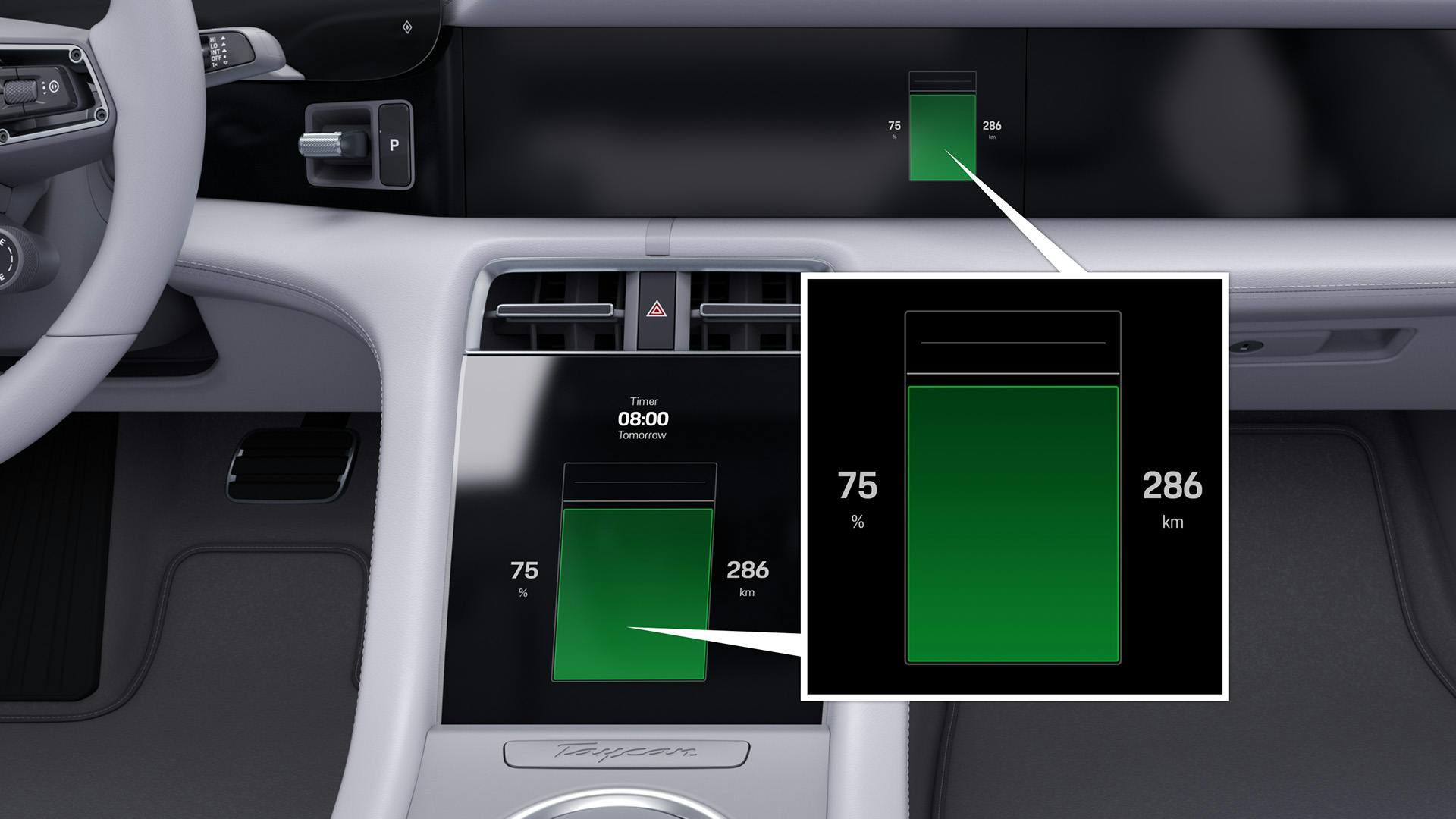 Display of the charge status on the central display of the Porsche Taycan.