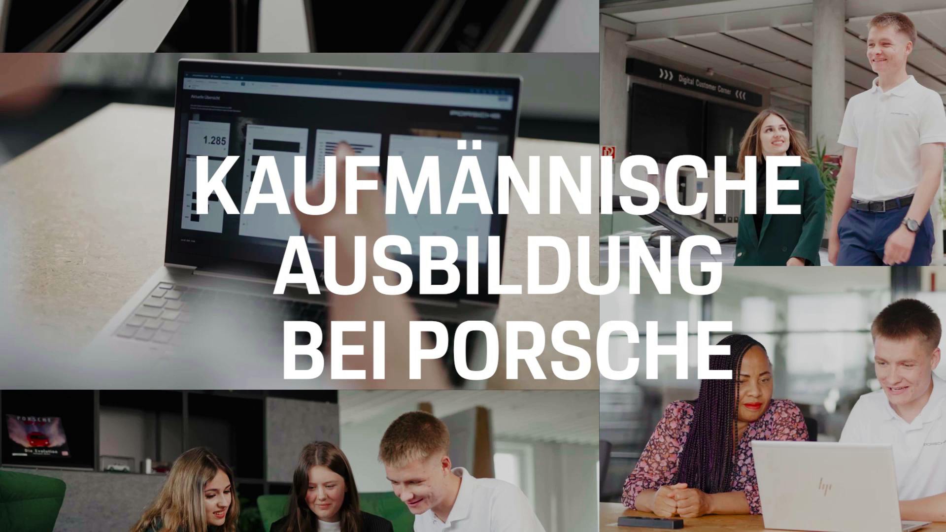 Ein Zusammenschnitt mehrerer Bilder, auf denen Studierende und Auszubildende zu sehen. Das Bild wird überblendet von dem Schriftzug "Kaufmännische Ausbildung bei Porsche"