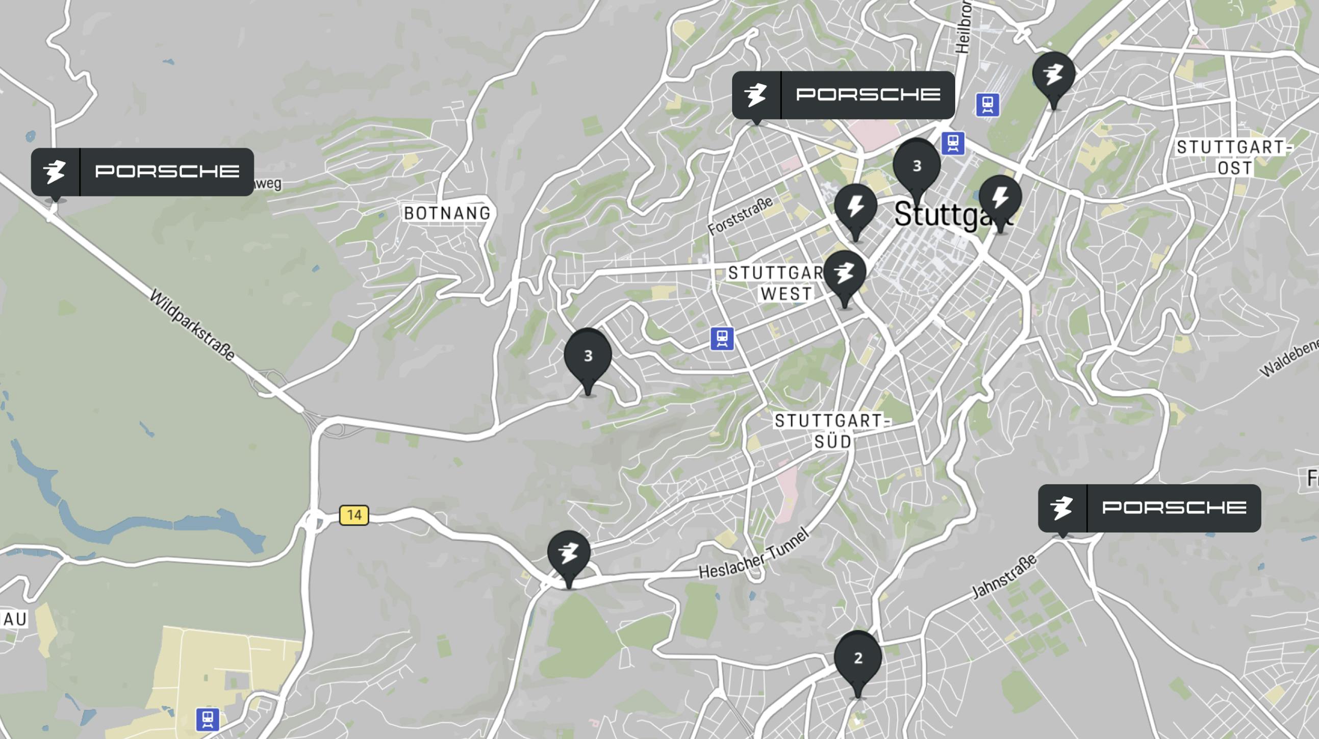 Porsche Charge Map screenshot showing charging points.