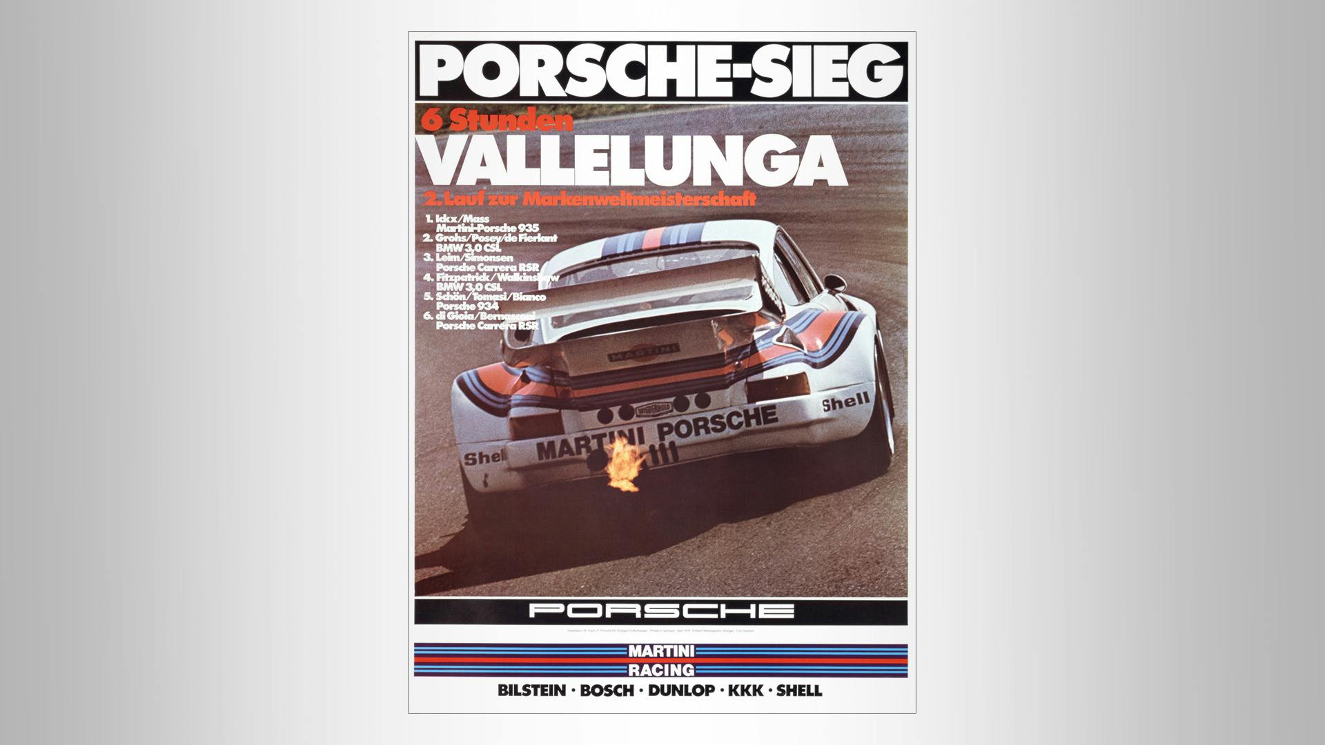 Porsche victory poster from 1976 with a Martini Porsche and the lettering: Porsche-Sieg, 6 Stunden Vallelunga, 2. Lauf zur Markenweltmeisterschaft.