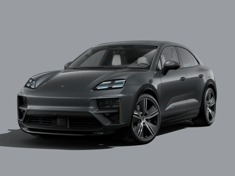 Front view of the Porsche Macan Turbo in Volcano Grey Metallic.