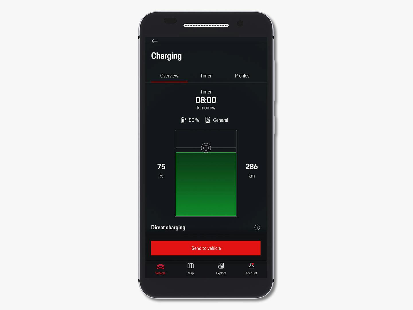 Depiction of a smartphone showing the charge status from the My Porsche app.