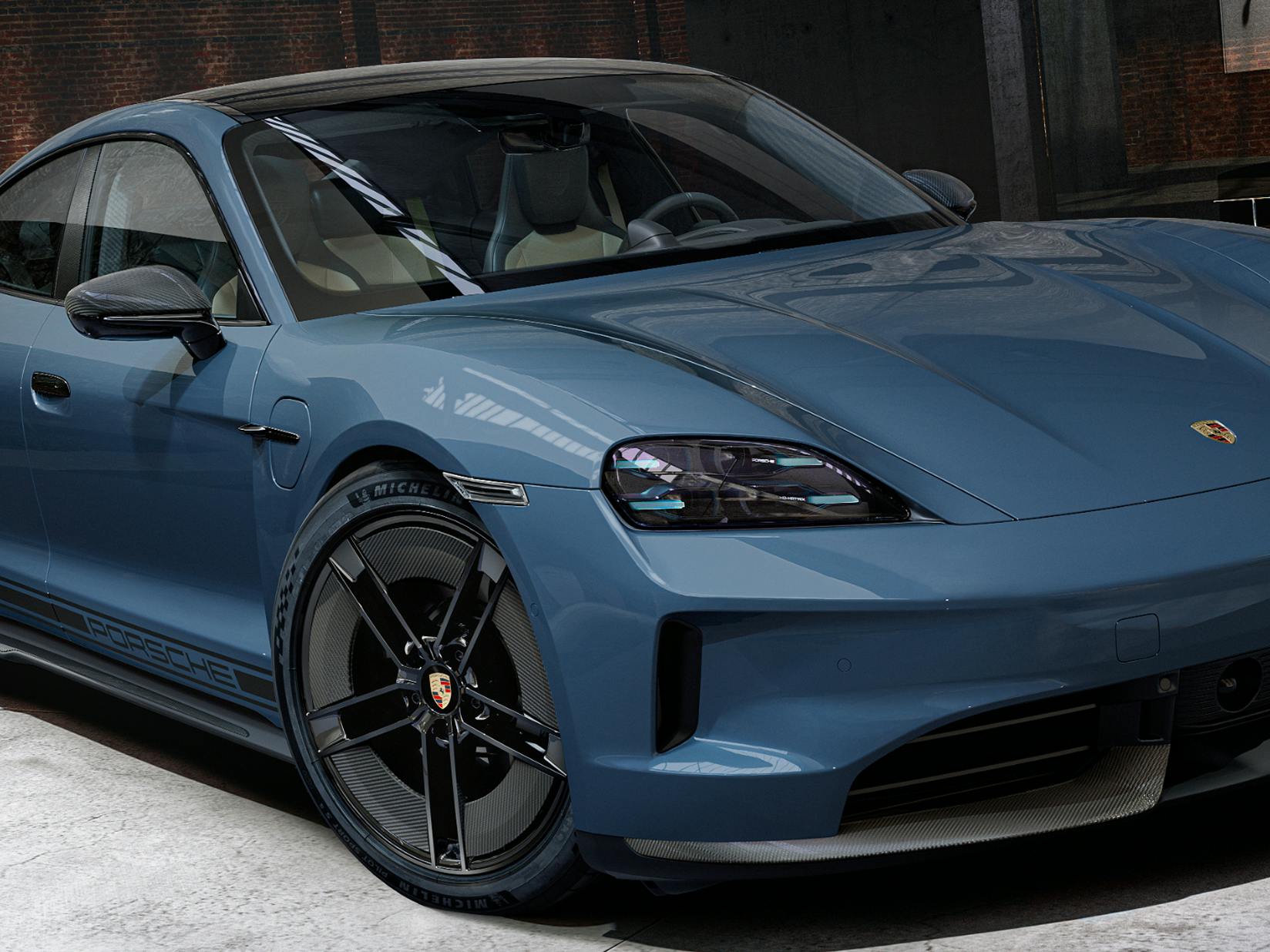 Porsche Exclusive Manufaktur Taycan GTS with SportDesign package Carbon in Pale Blue Metallic. View of the front and side.