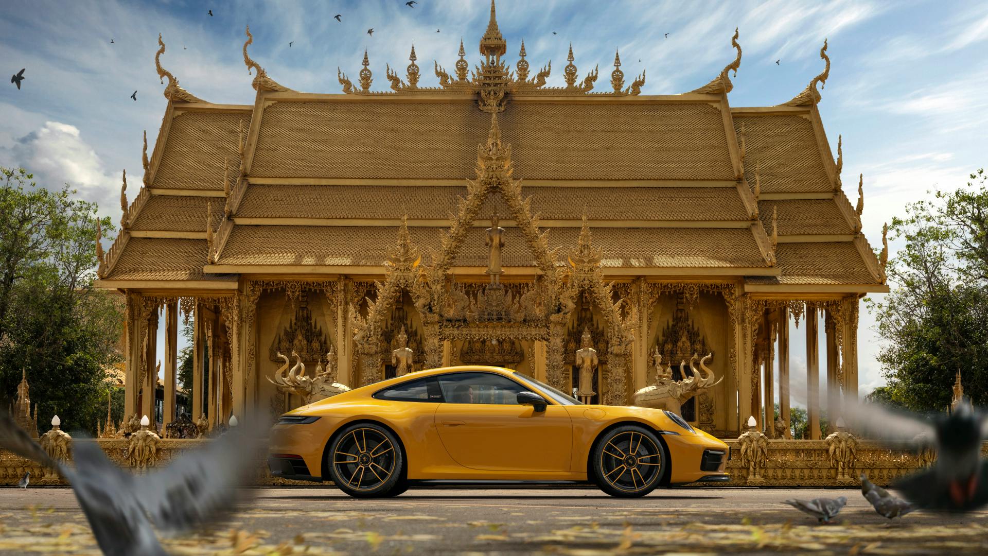 Dreams in Colours: Signalyellow 911 model in front of a grandiose golden mansion.