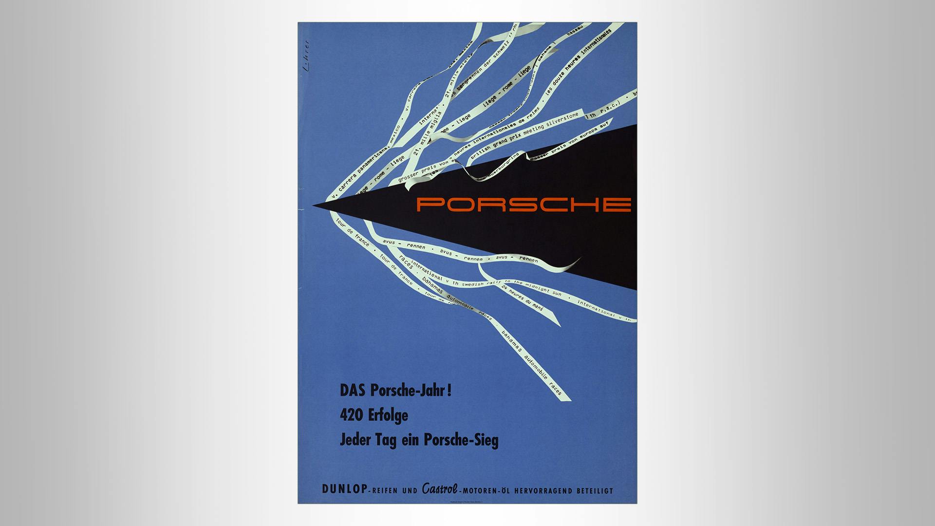 Porsche racing poster in graphic style with red Porsche lettering: Das Porsche Jahr! 420 Erfolge. Jeder Tag eine Porsche-Sieg.