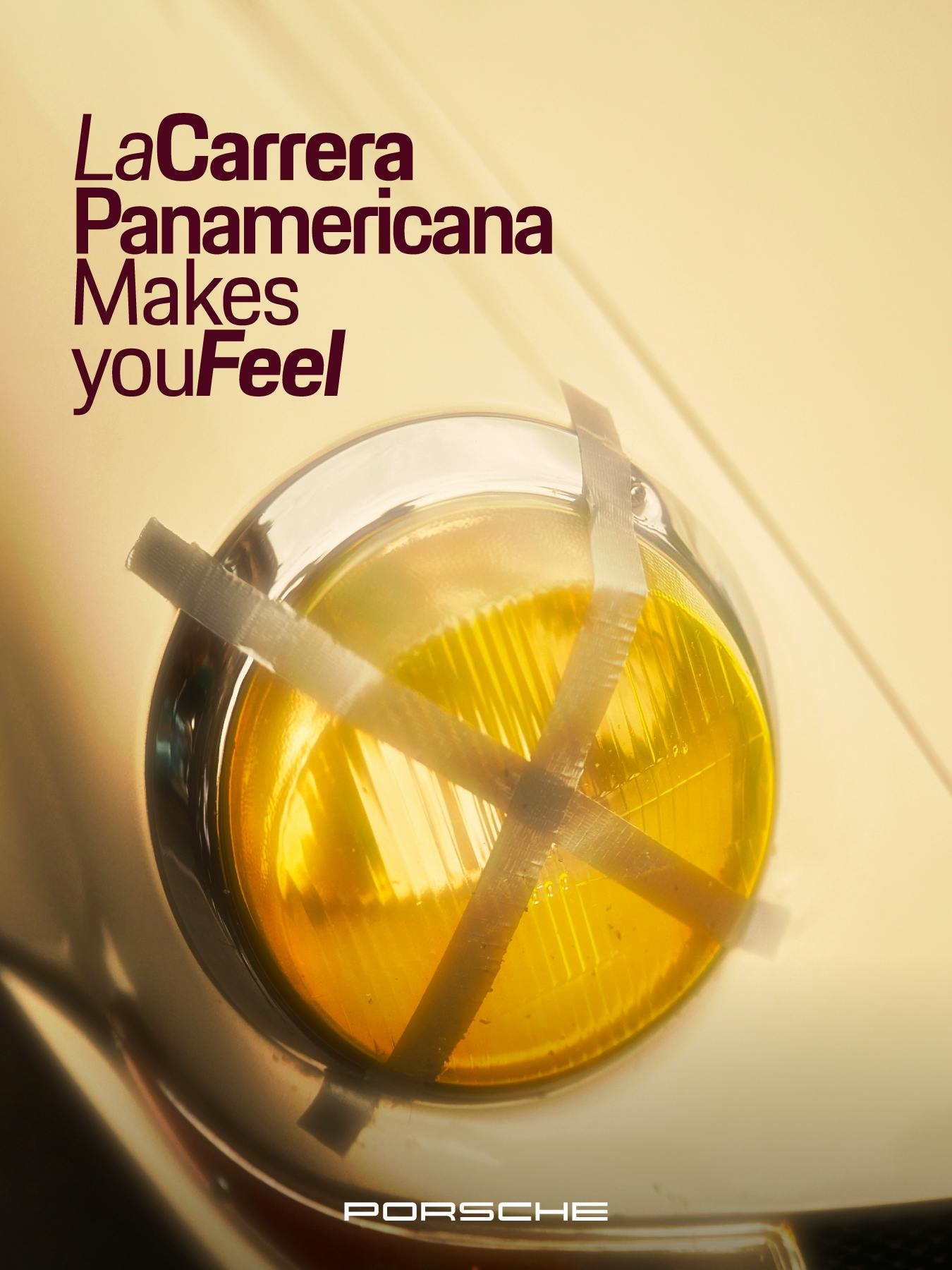 Imagen en primer plano para La Carrera Panamericana de un faro de coche vintage con una rejilla protectora. Texto: "La Carrera Panamericana te hace sentir".