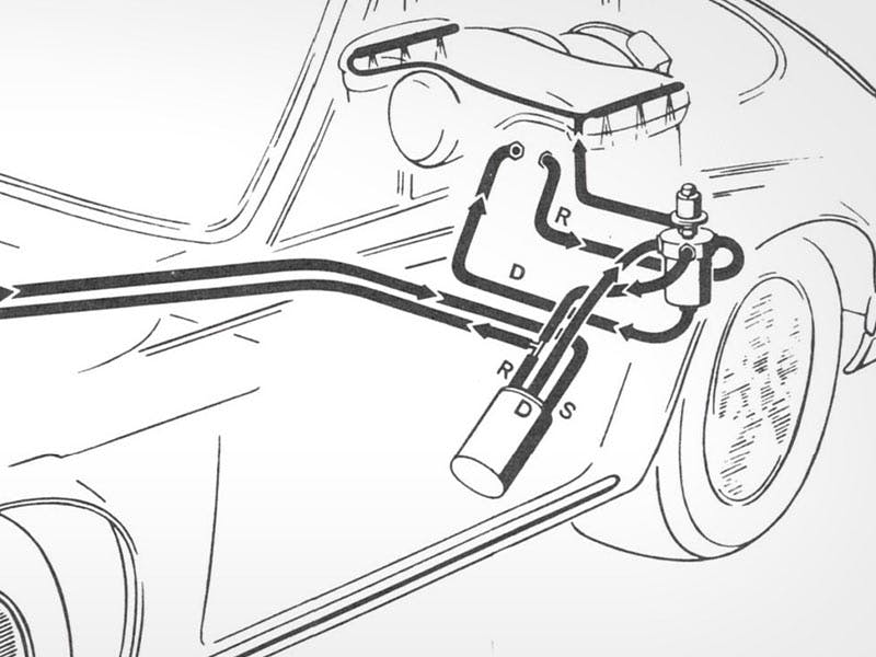 Drawing of vintage Porsche car, transmission