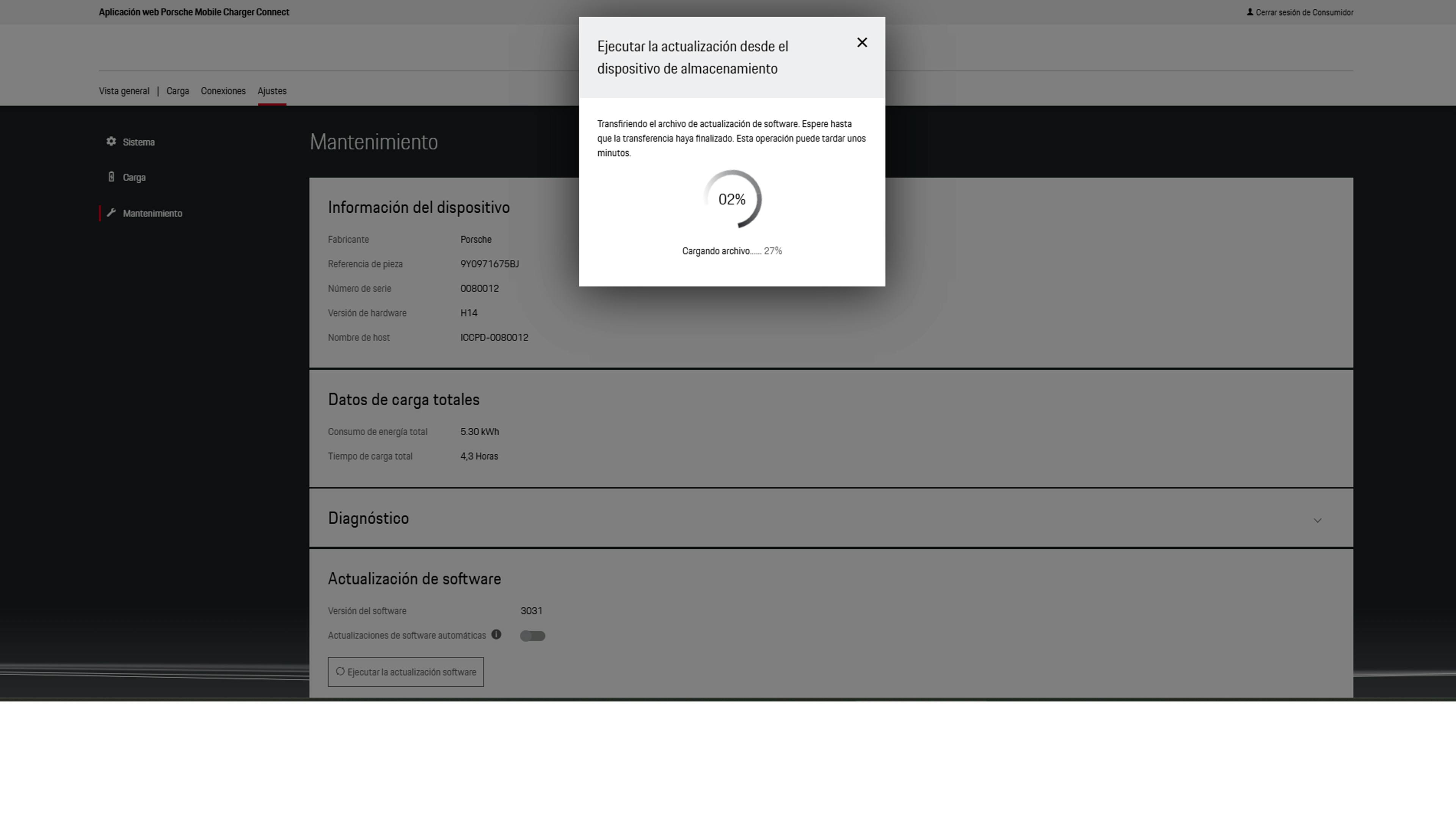 Visualización del progreso de la actualización de software tras el inicio de una actualización local.