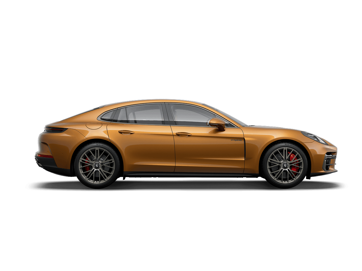 Side view/profile of the Porsche Panamera Turbo E-Hybrid in Madeira Gold Metallic.