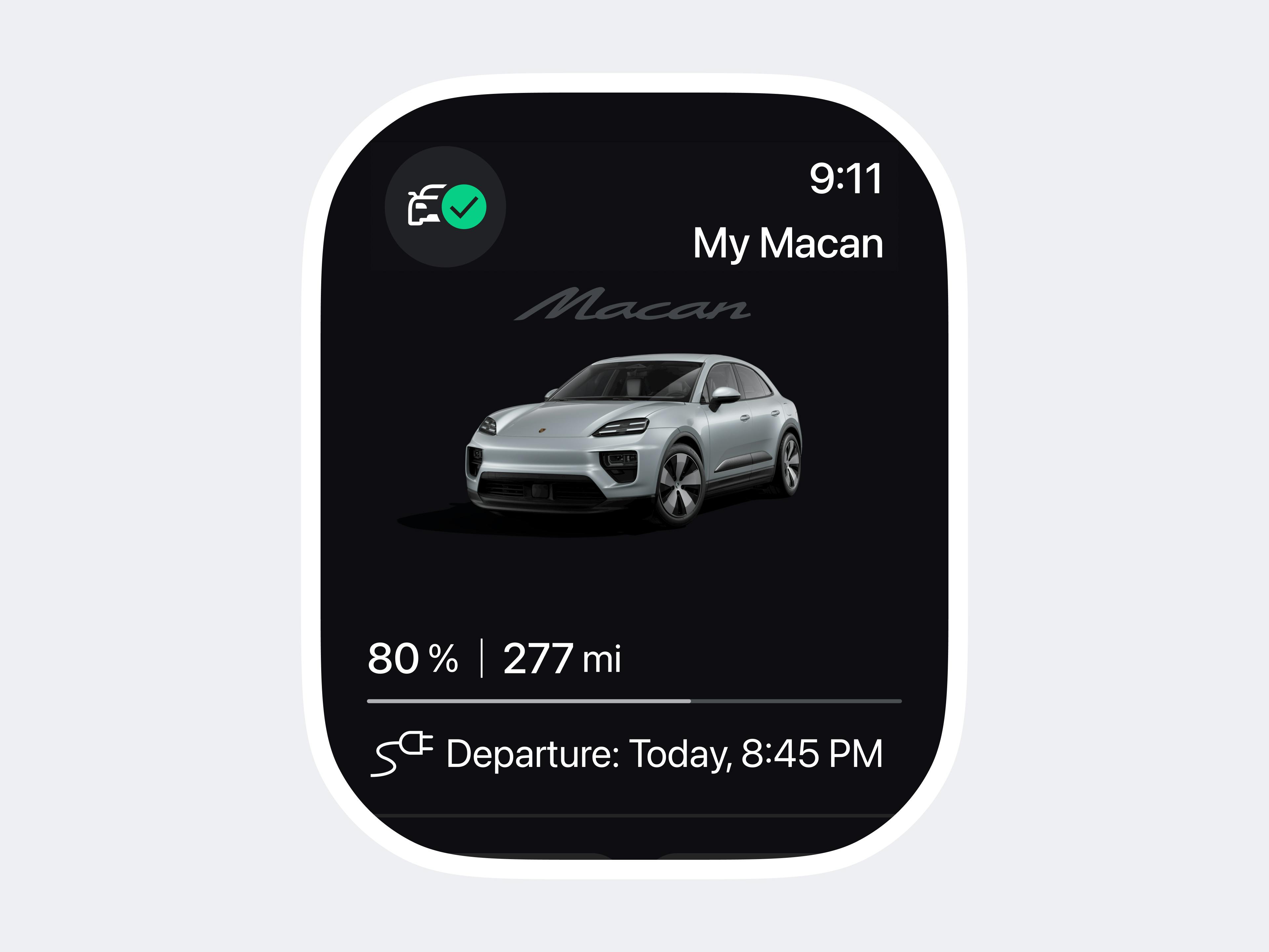 Smartwatch display shows a silver Porsche Macan with charge level range info and departure time on a dark app view