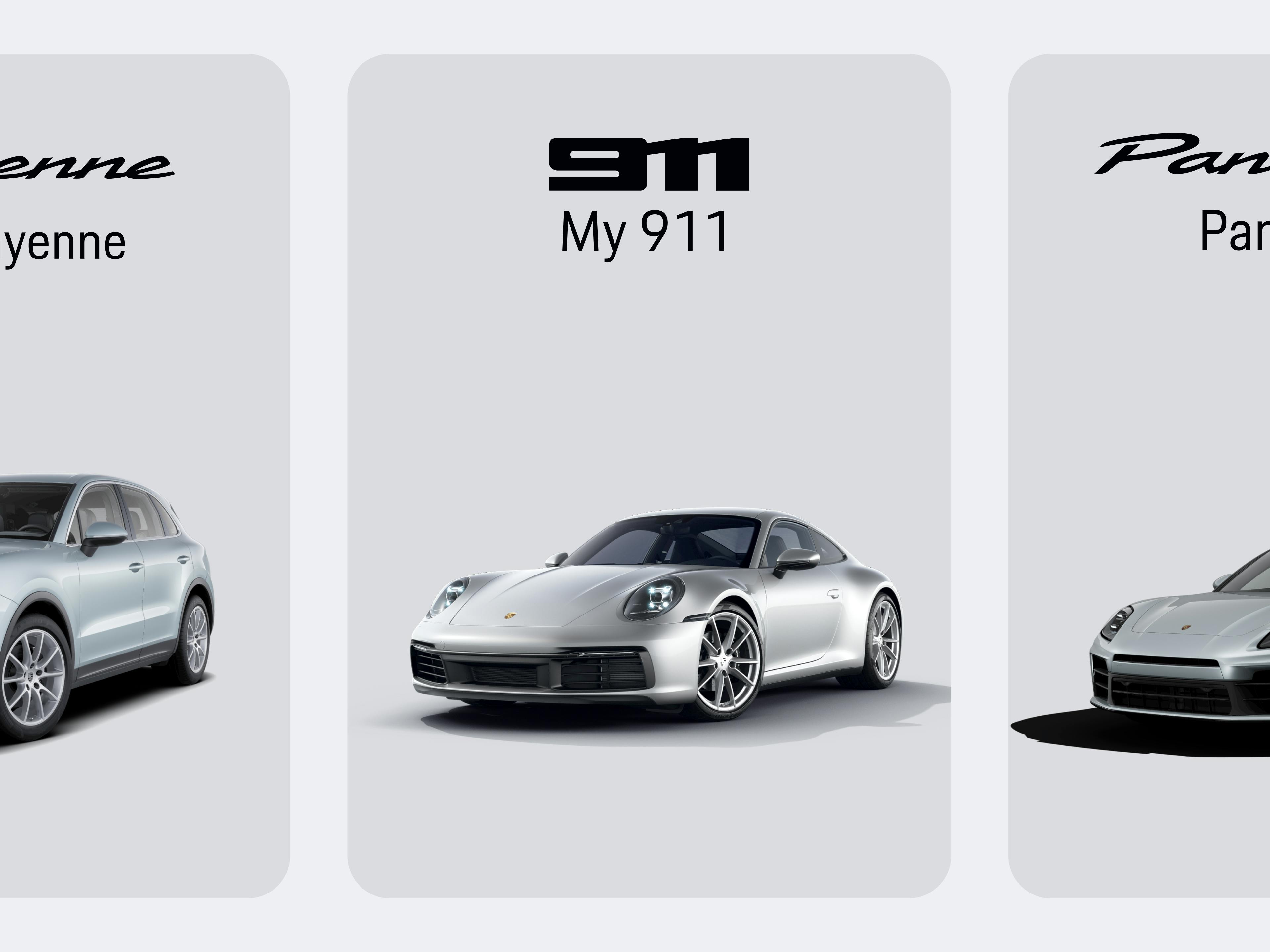 App view showing three Porsche models: Cayenne SUV on the left, 911 sports car in the center, and Panamera on the right.