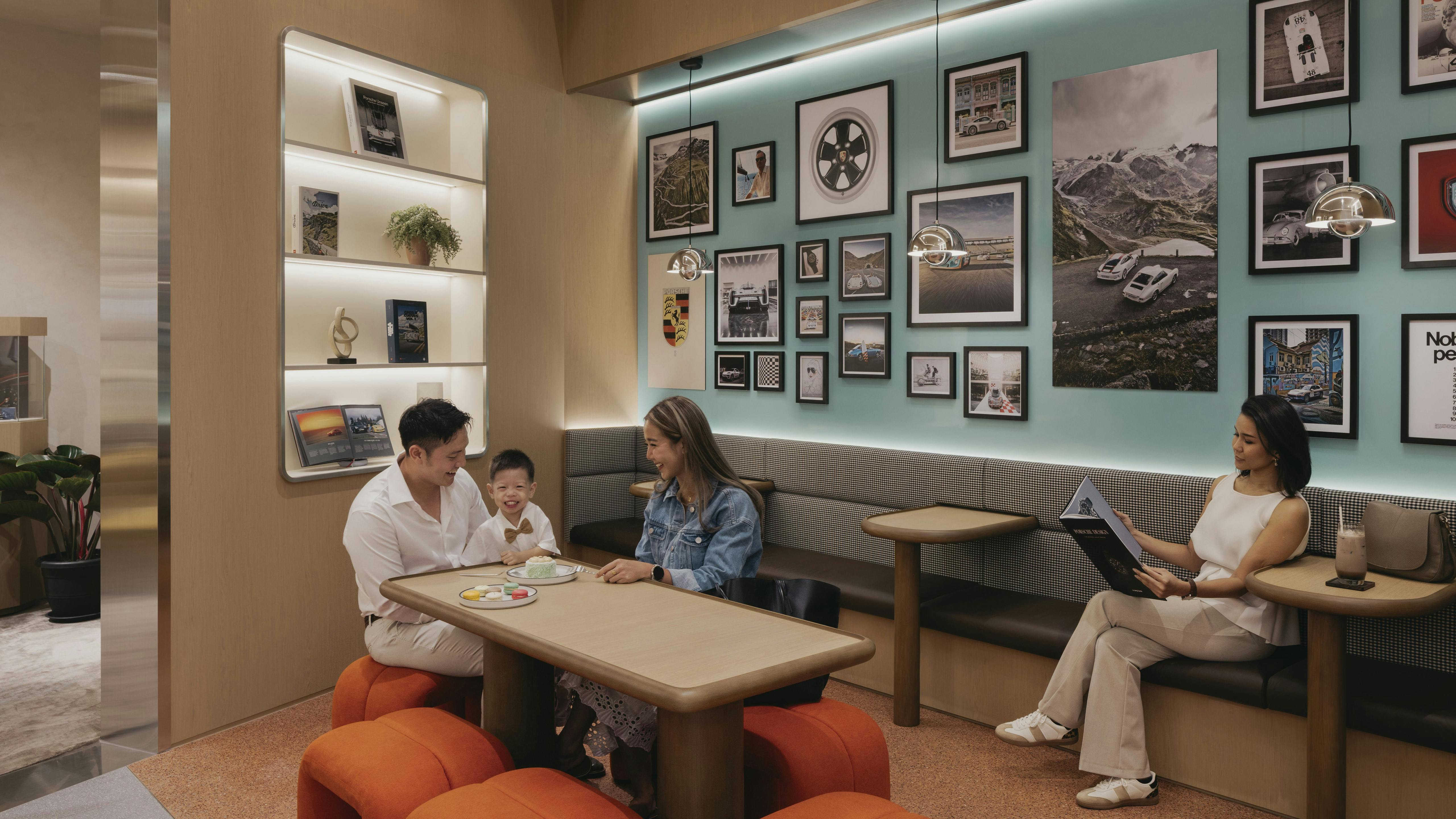 Café seating against the Mint Green feature wall by Stefan Bogner
