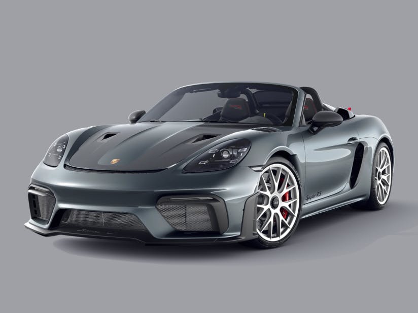 Front view of the Porsche 718 Spyder RS in Vanadium Grey Metallic.