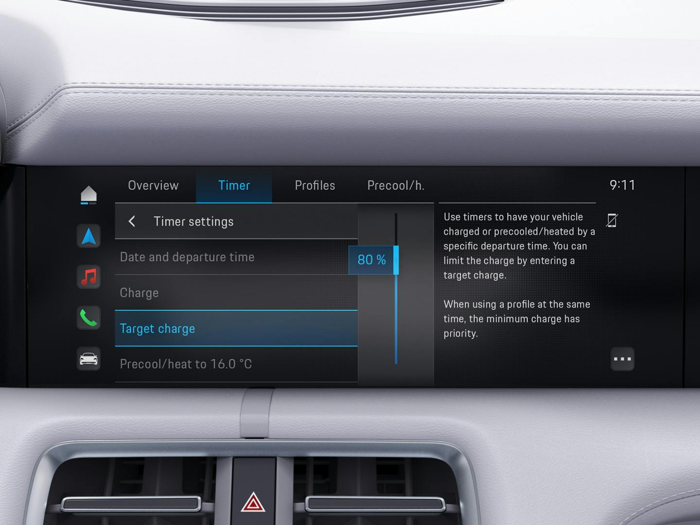 A digital display in the Porsche Taycan with the timer view on which the charging status is set to 80%.