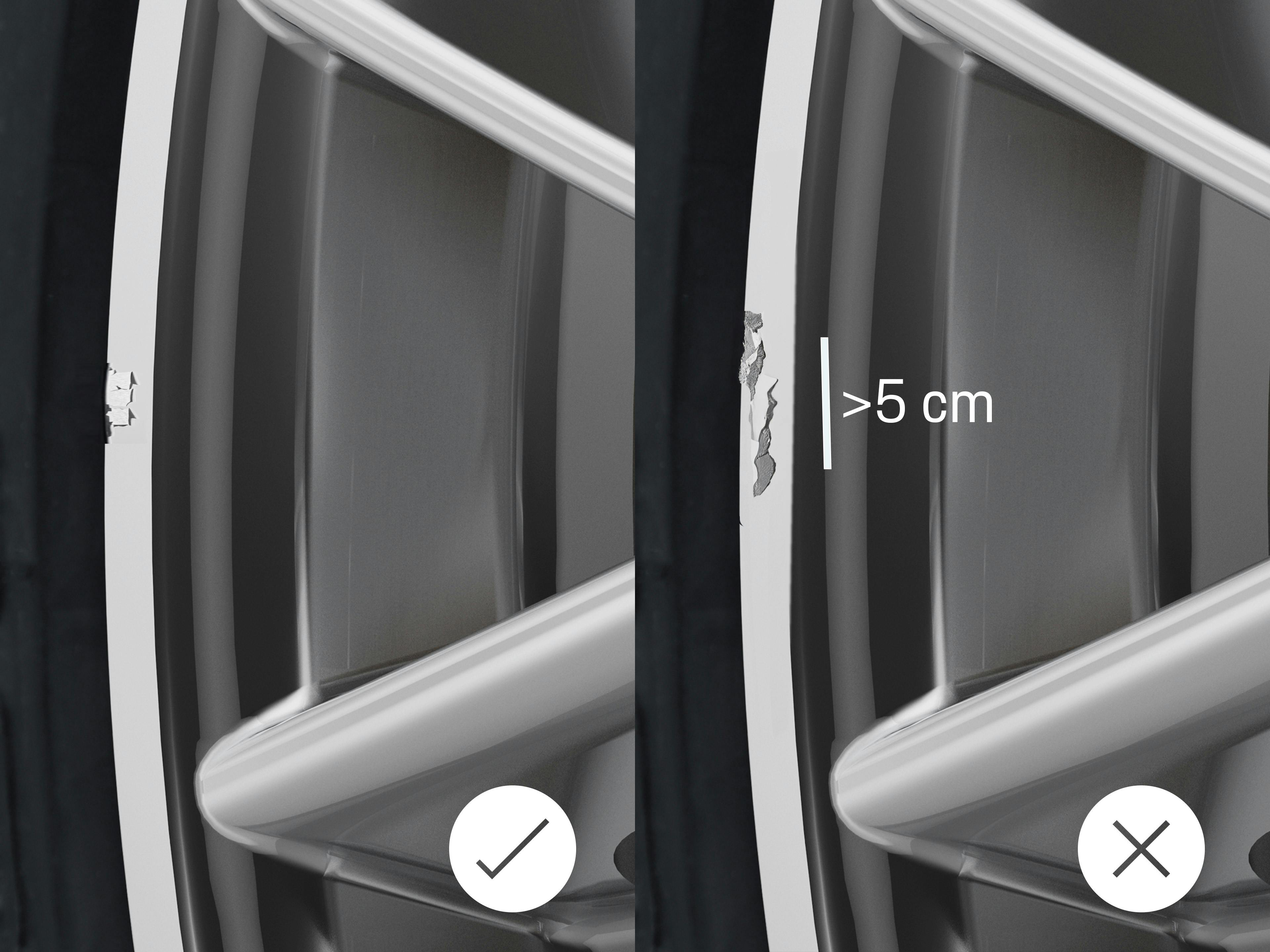 Image comparative montrant une rayure acceptable et une rayure non acceptable sur une roue.