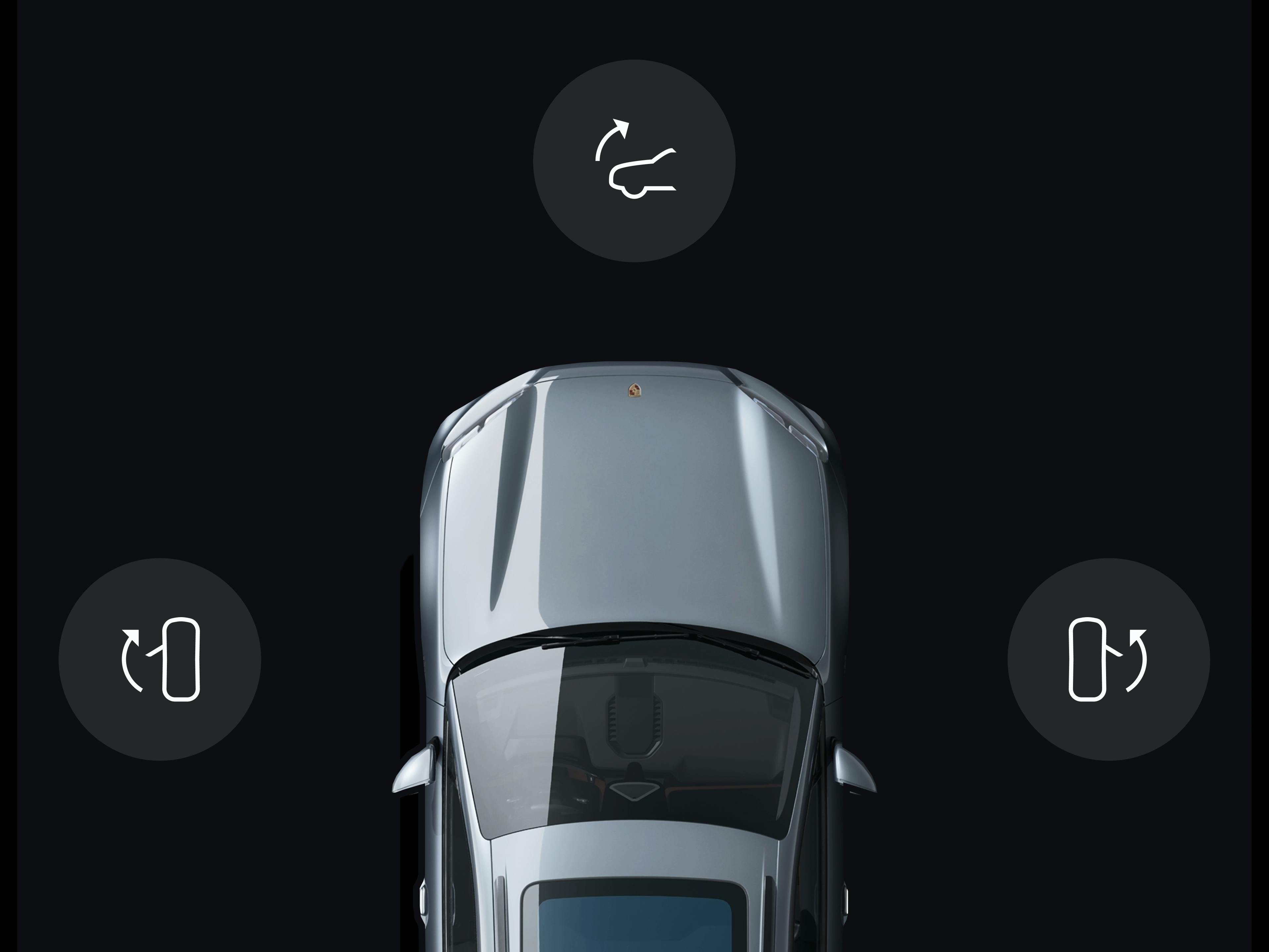 App view showing gray Porsche top view on black background, three icons around car for trunk and door control functions.