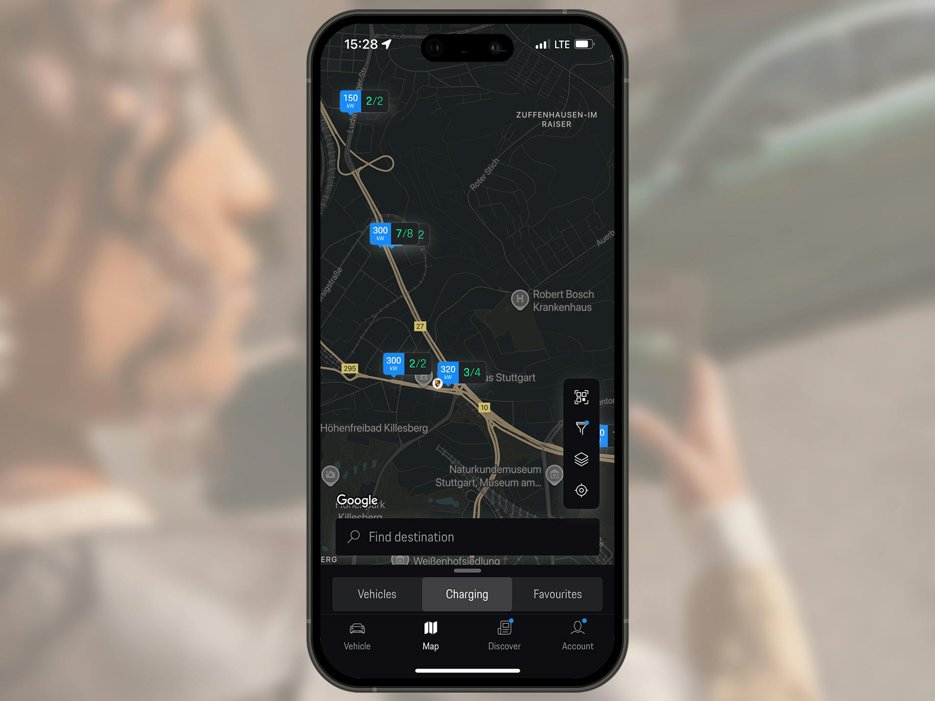 Smartphone screen showing the charging map display in the My Porsche App.