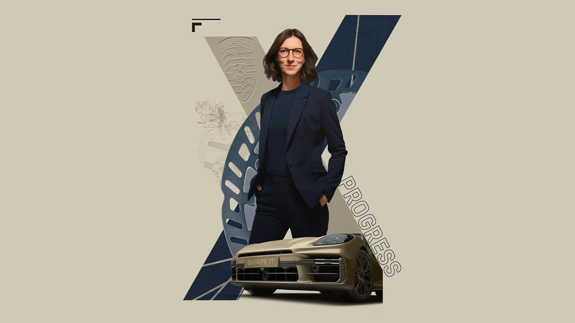 Eine Collage, die Porsche Dreamer Patricia mit Fahrzeugelementen und ihrem persönlichen Hobby, dem Fahrrad fahren, zeigt.